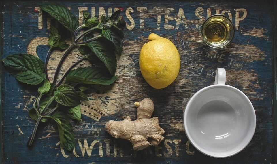 shelf at an herbal tea shop showing lemon, herb, garlic and a teacup