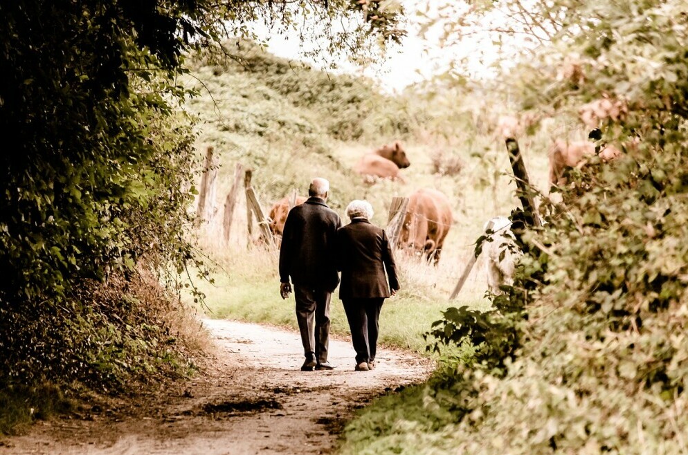 senior couple walking a farm path