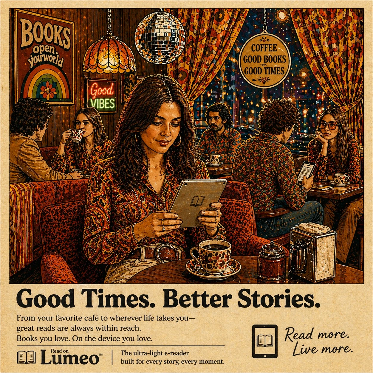 1970s-style café scene with people reading e-books on devices, promoting a retro-inspired digital reading experience.
