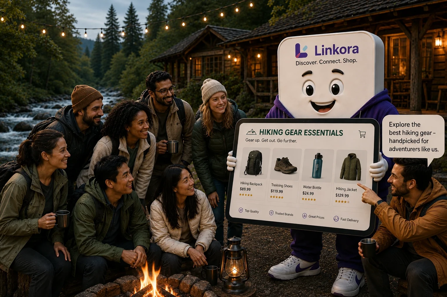 Group of hikers gathered around a campfire while a digital platform mascot showcases hiking gear on a large screen.