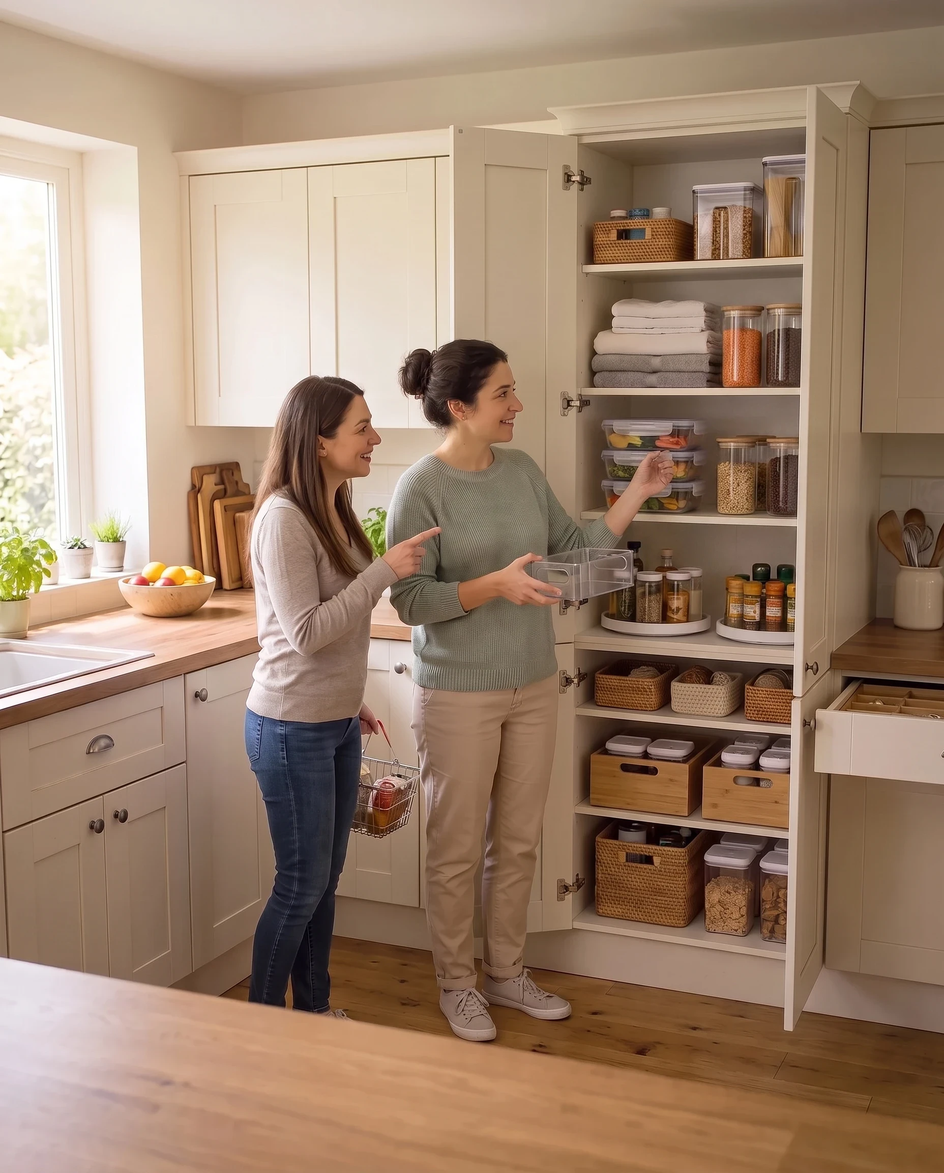 Two women looking at and admiring a well-organized kitchen pantry