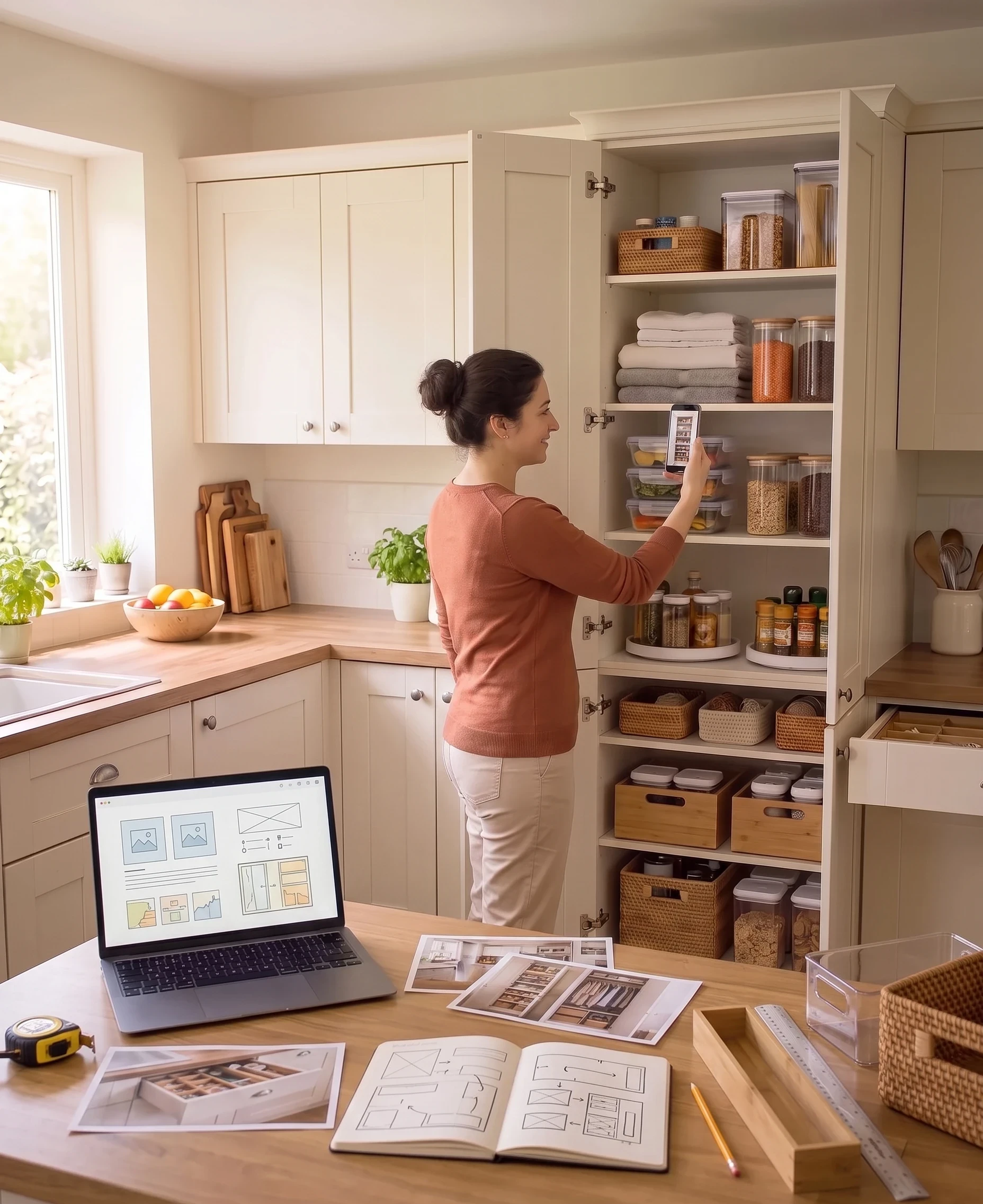 A woman clicking photo of a well-organized kitchen pantry with her mobile phone