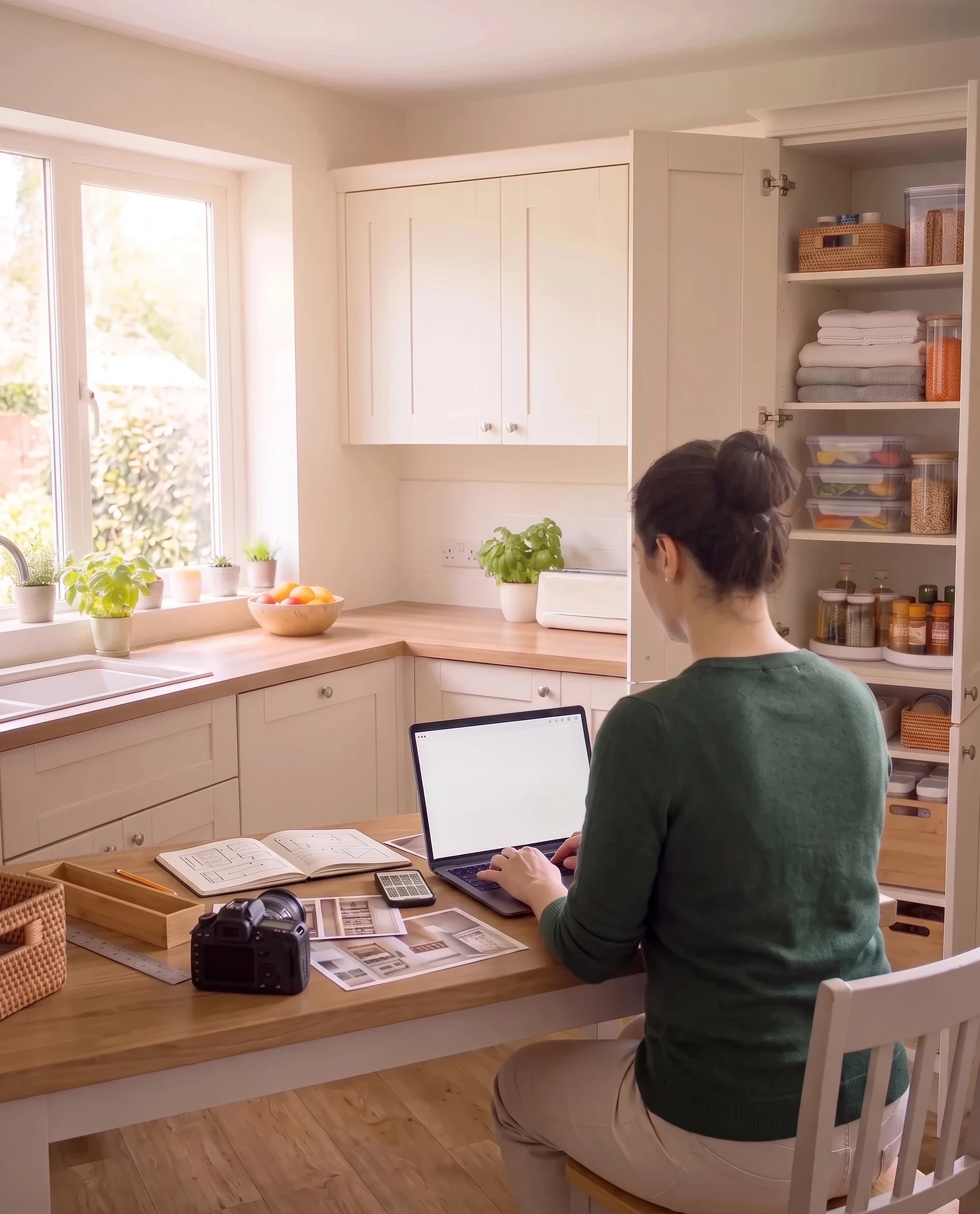 A woman sitting in chair and working on her laptop placed on a table in her kitchen