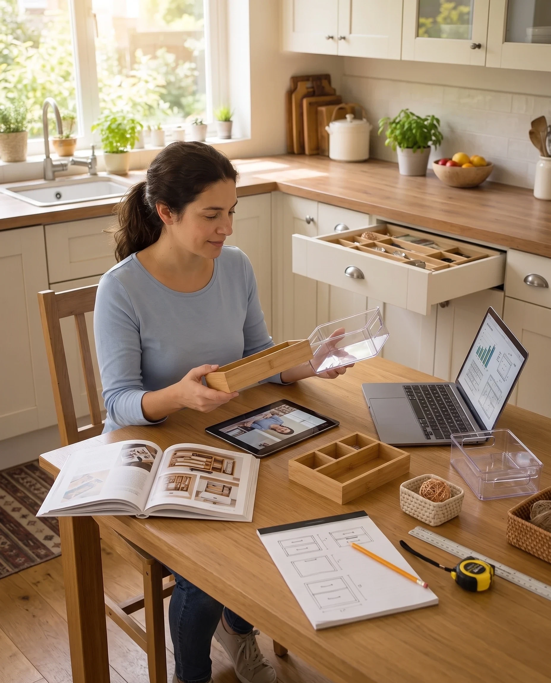 A woman looking at her laptop screen while holding two kitchen drawer dividers in her hands