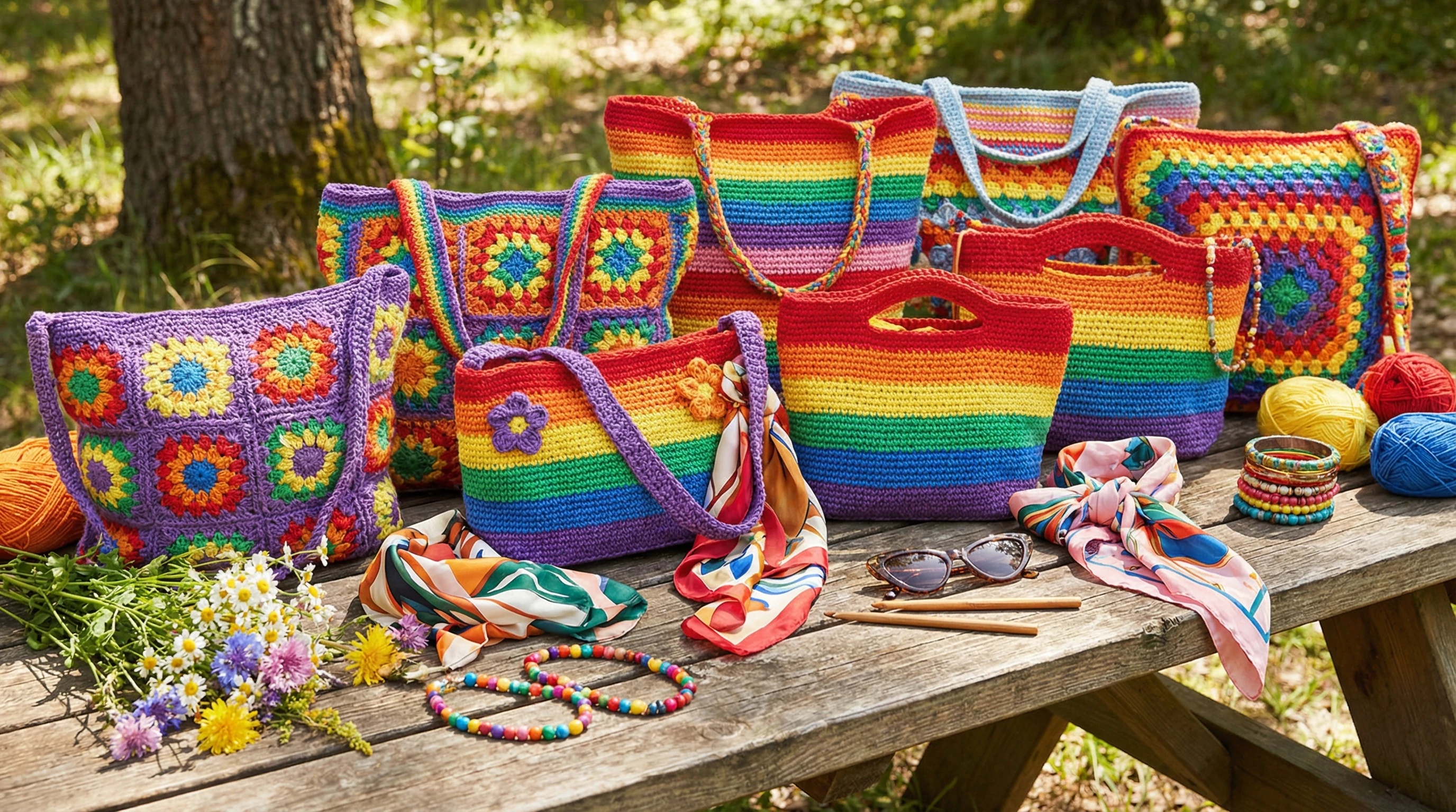 A variety of colorful crochet bags displayed on a rustic wooden surface, surrounded by coordinating accessories such as sunglasses, scarves, and simple jewelry.