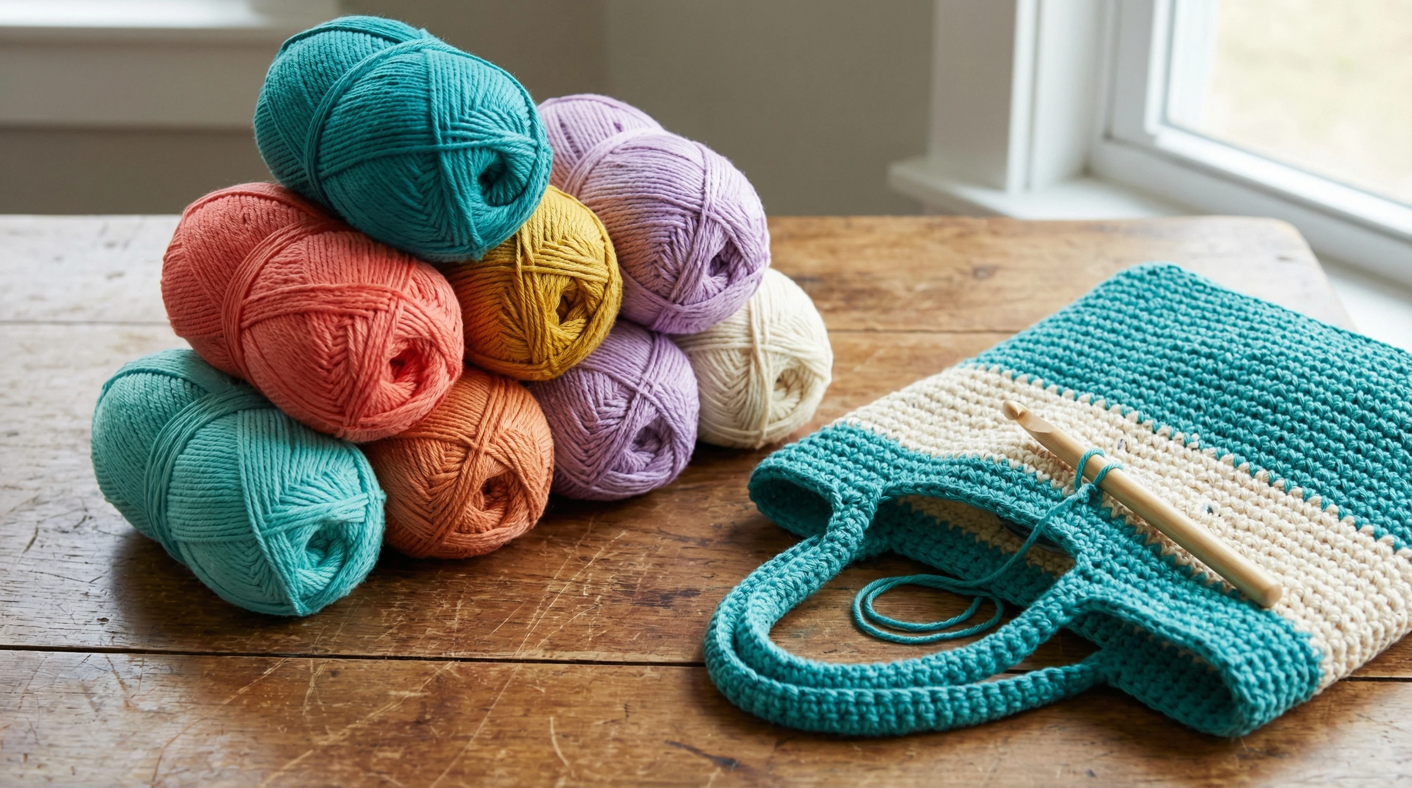 A close-up image of colorful bamboo yarn balls next to a partially finished crochet bag on a wooden table.