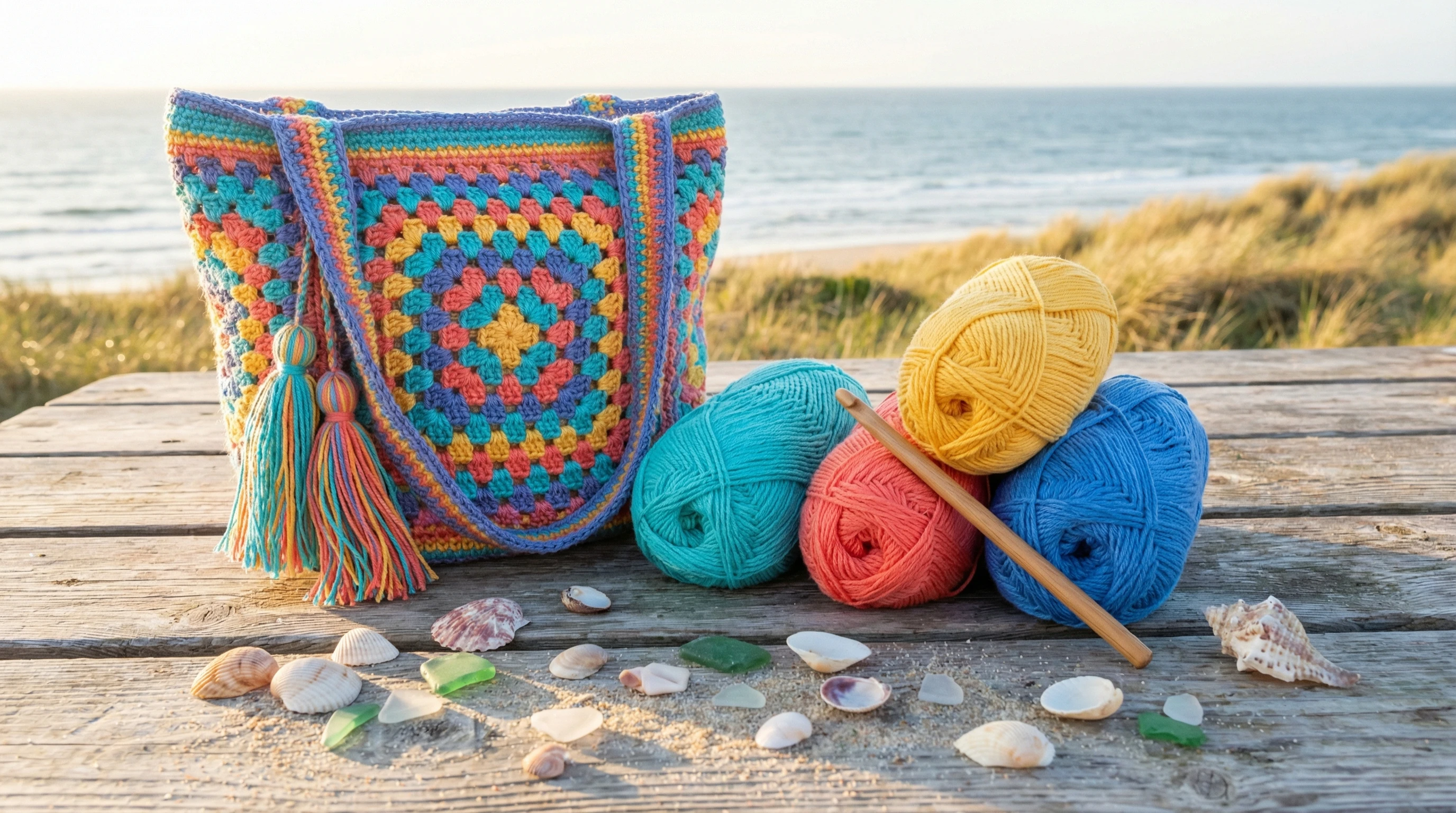 Crochet beach bag with yarn, crochet hook, and seashells on a wooden table