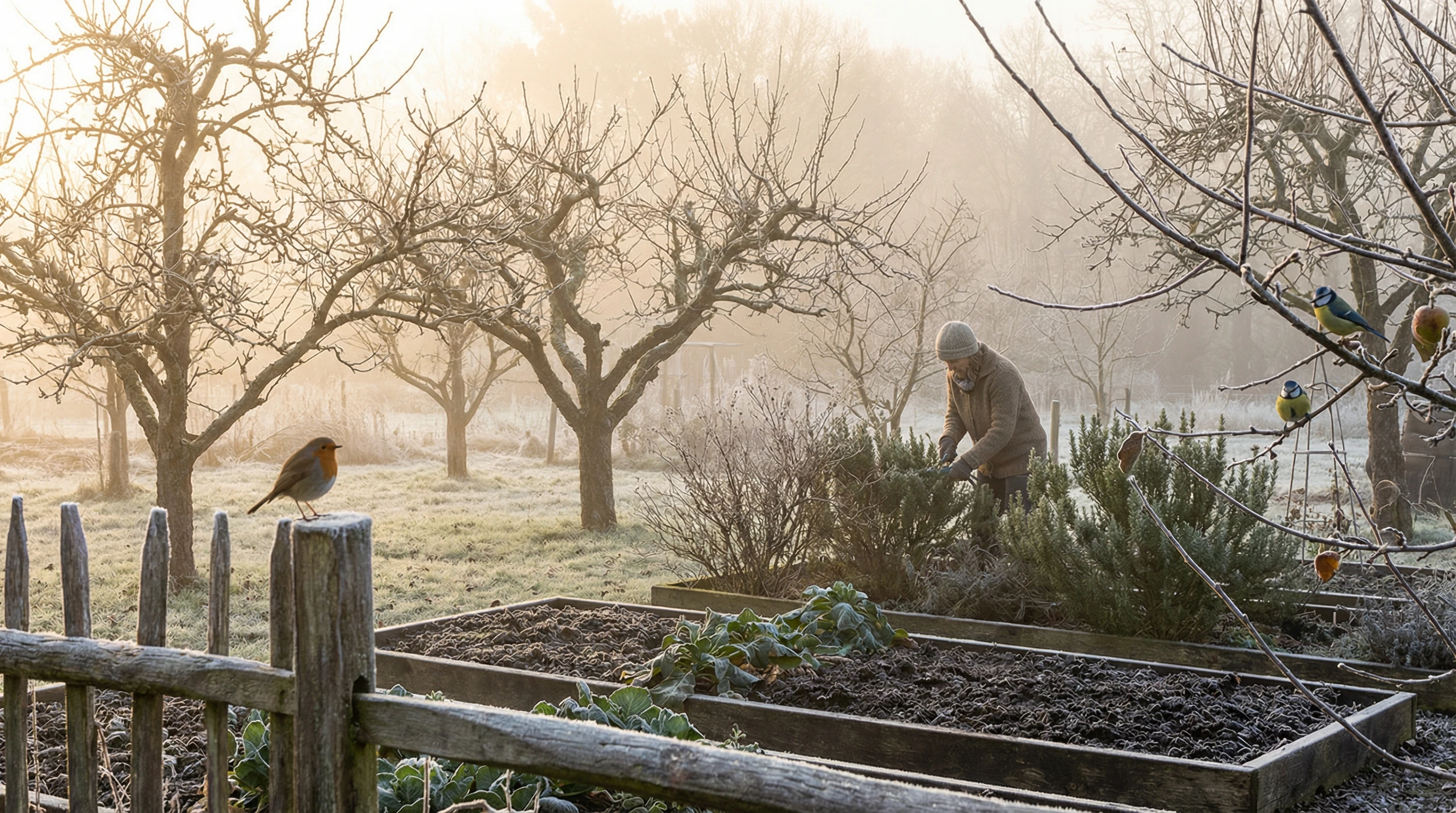 Organic garden beds with dormant shrubs, compost bin, and bare soil under winter sunlight