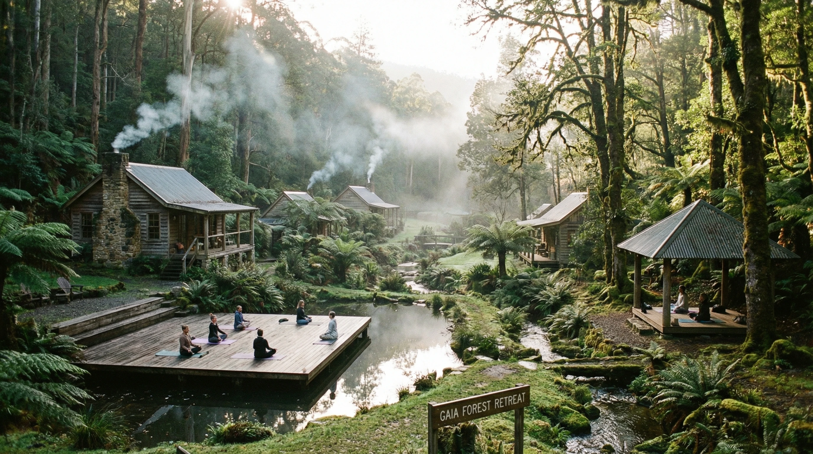 A tranquil yoga and meditation retreat in a forest landscape, surrounded by lush greenery, morning mist, and rustic cabins