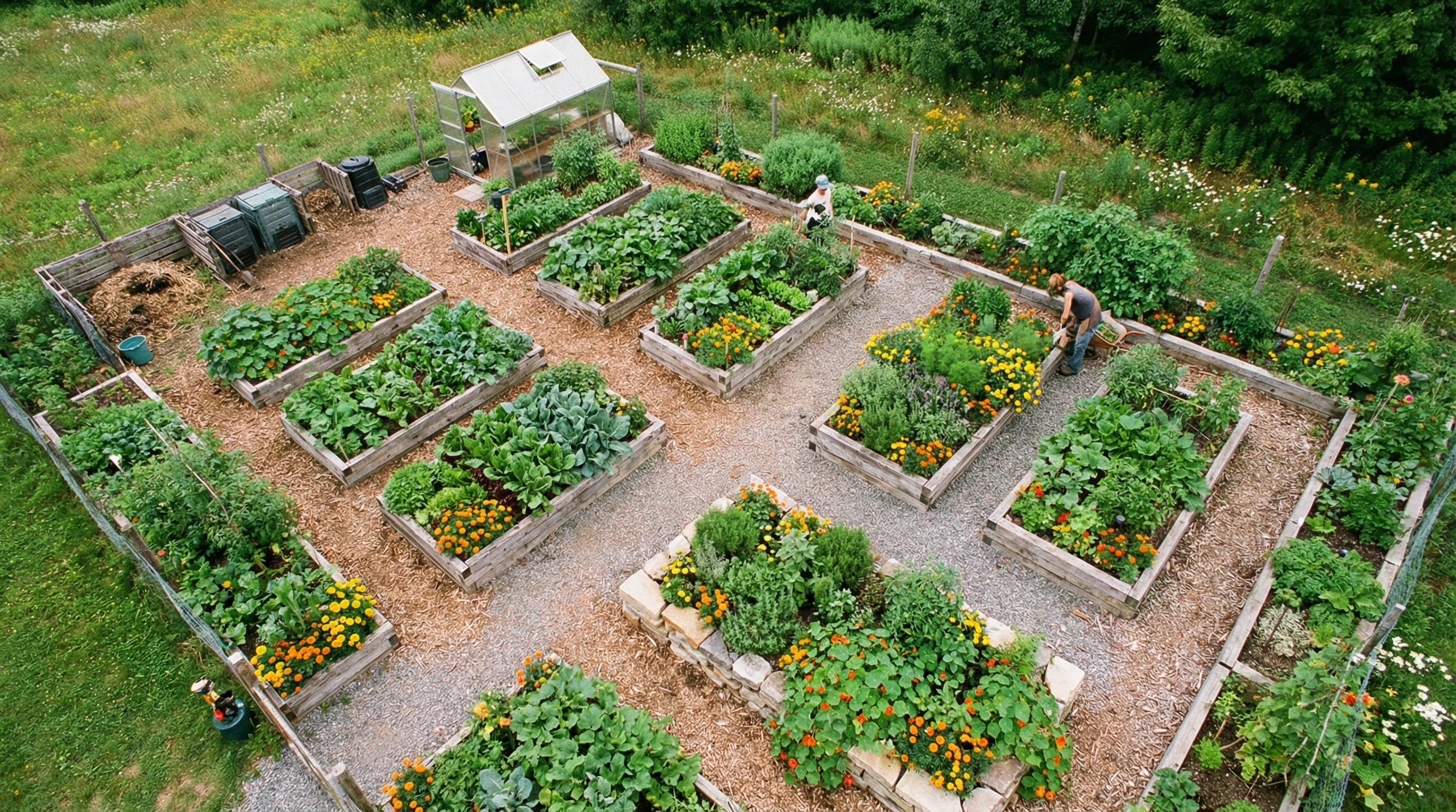 A top-down view of a productive vegetable garden featuring raised beds, companion planting, and pathways for easy access