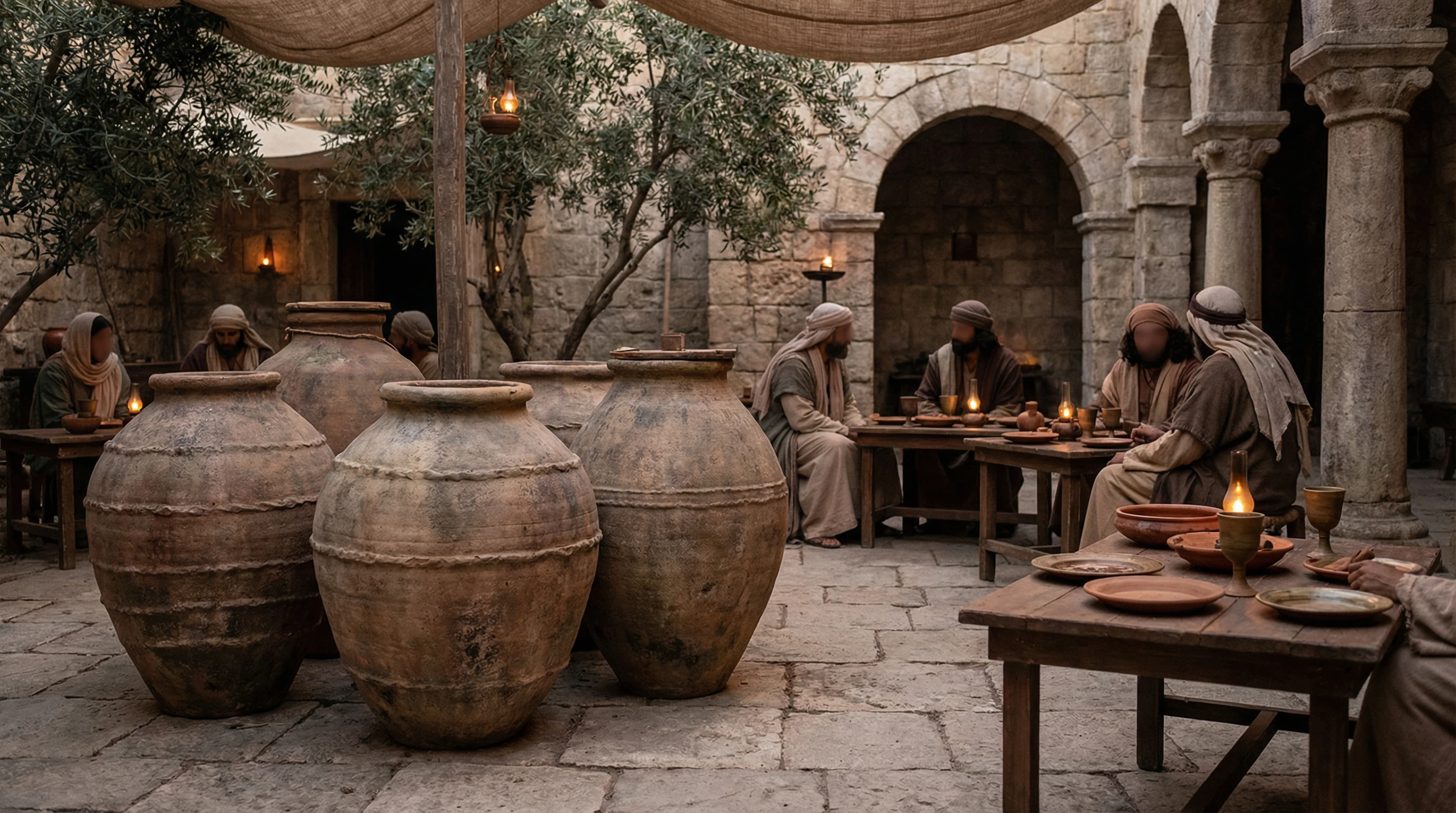 Assorted clay jars on a stone floor, representing ancient biblical times