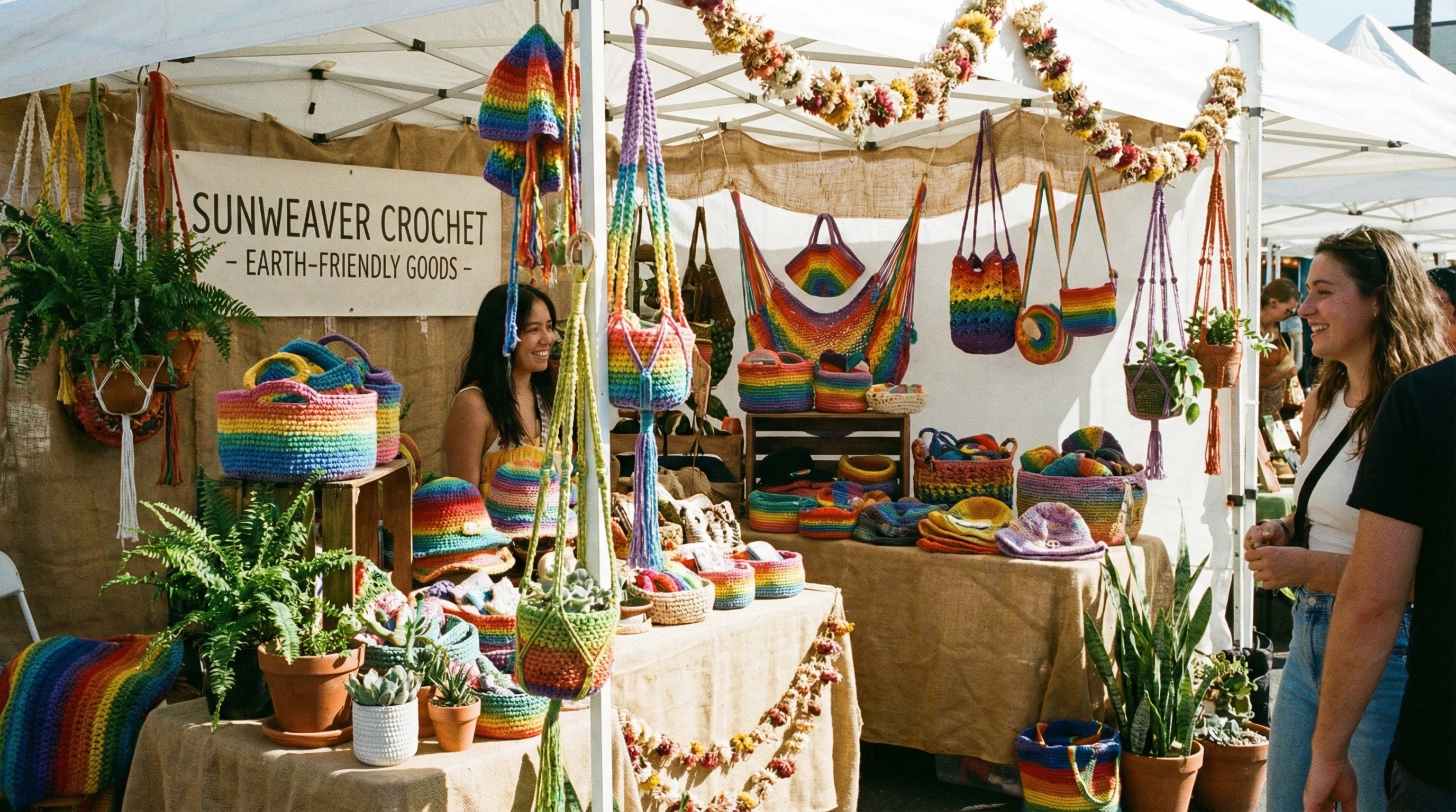 Display of vibrant crochet products at an outdoor market stand with eco-friendly decorations and nature in the background.