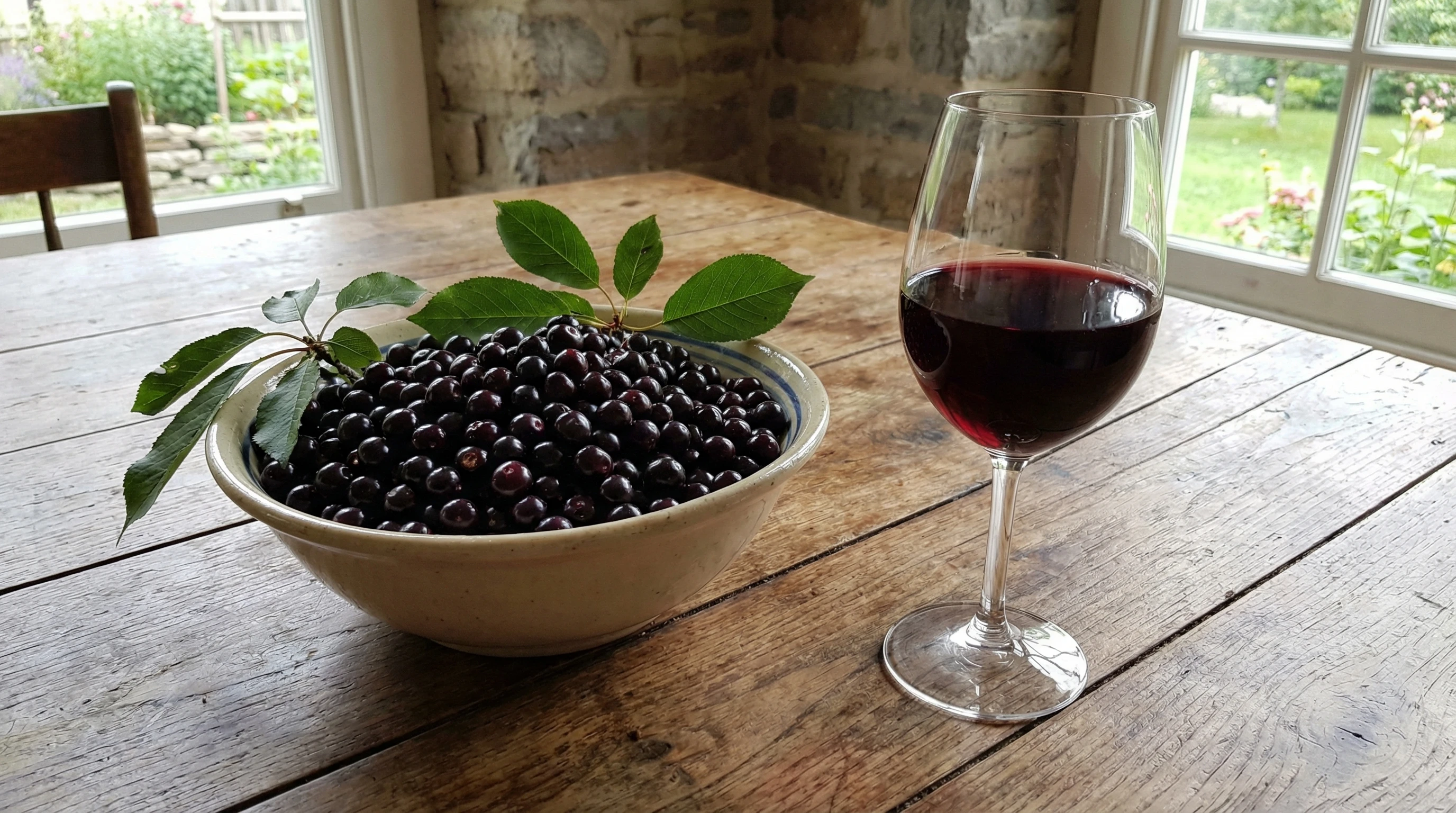 bowl of freshly picked chokecherries and a glass of chokecherry wine