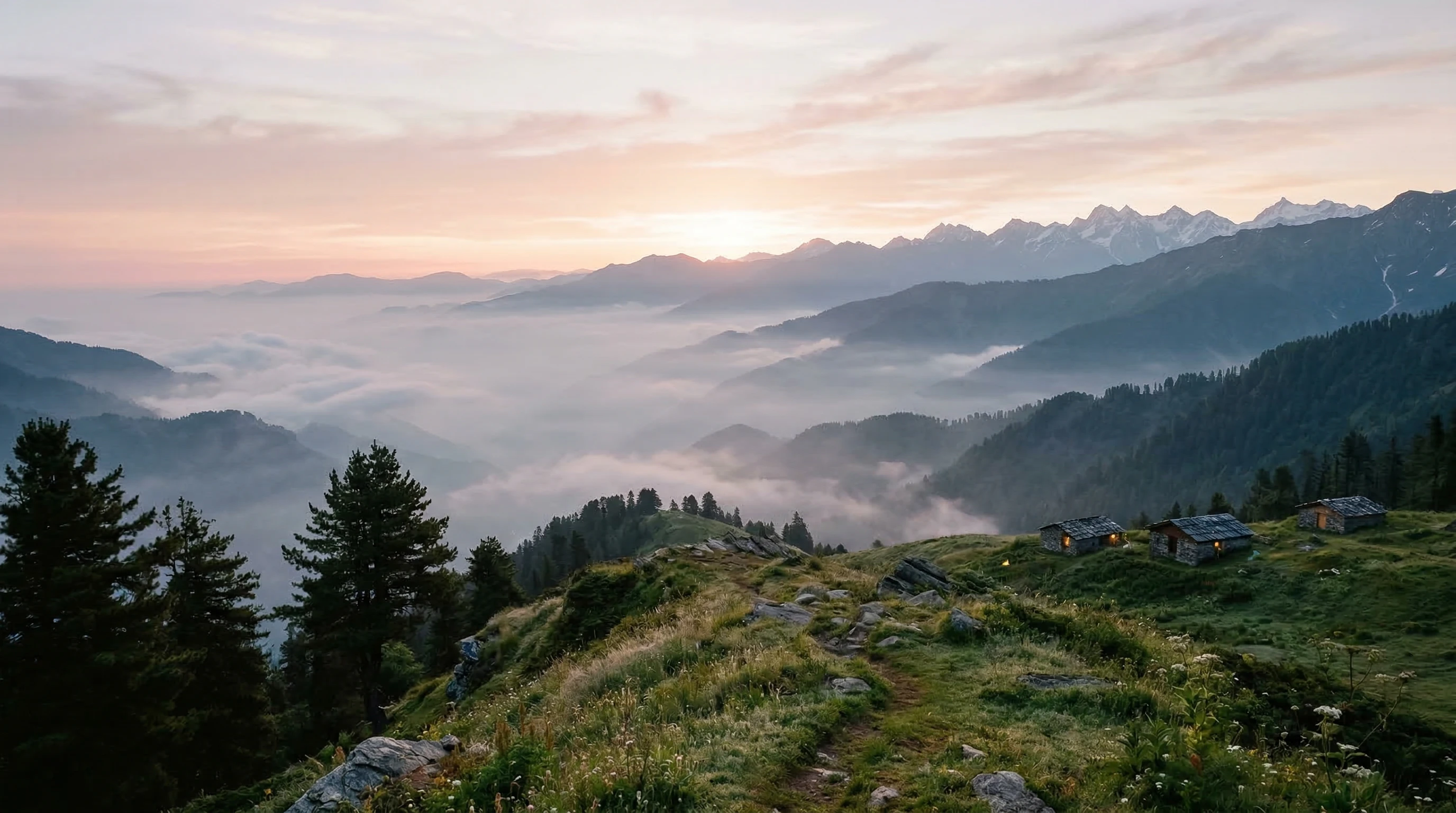 A peaceful mountain landscape with soft sunrise and mist, representing calm and tranquility
