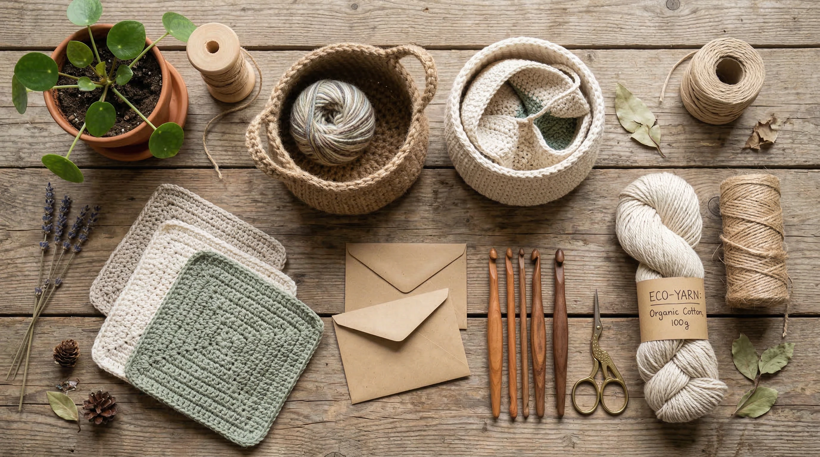 Eco crochet flat lay with sustainable materials, tools, and plants