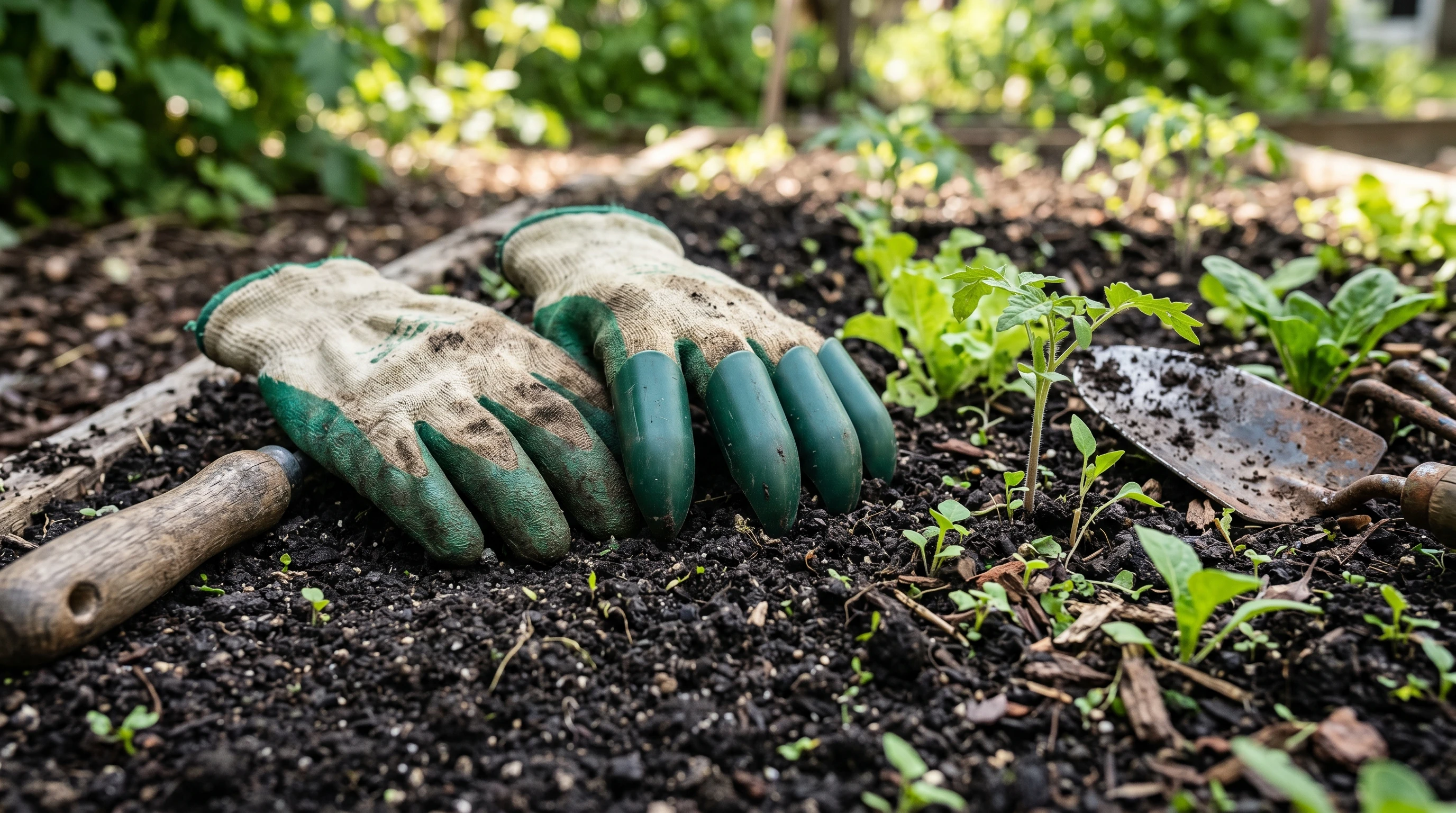 A close-up of gardening gloves with plastic claws resting on rich garden soil next to sprouting plants and hand tools.