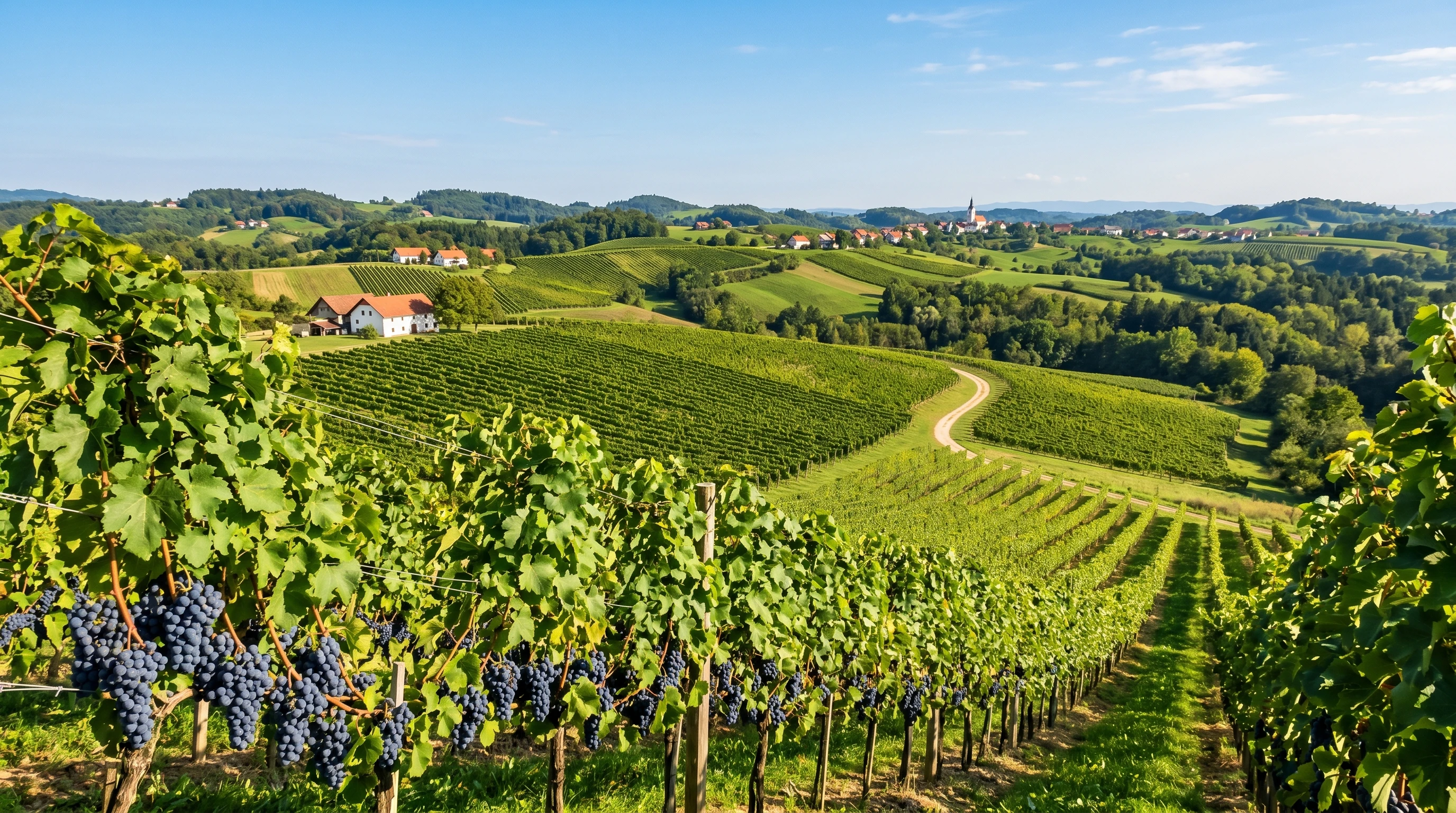 Vineyards and a close-up of Modra Frankinja grapes on the vine