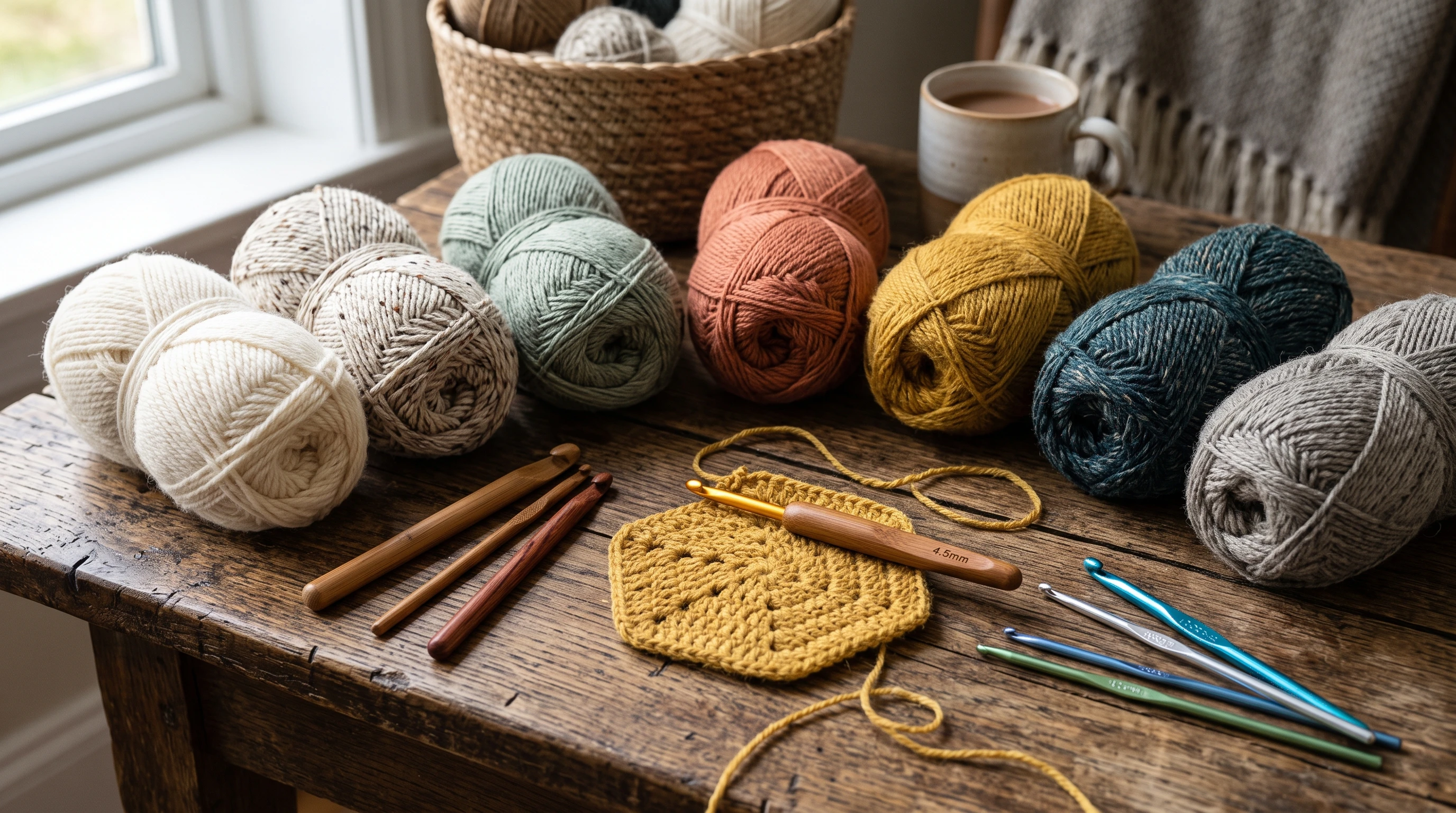 A collection of natural fiber yarn skeins and unfinished crochet pieces on a wooden table.