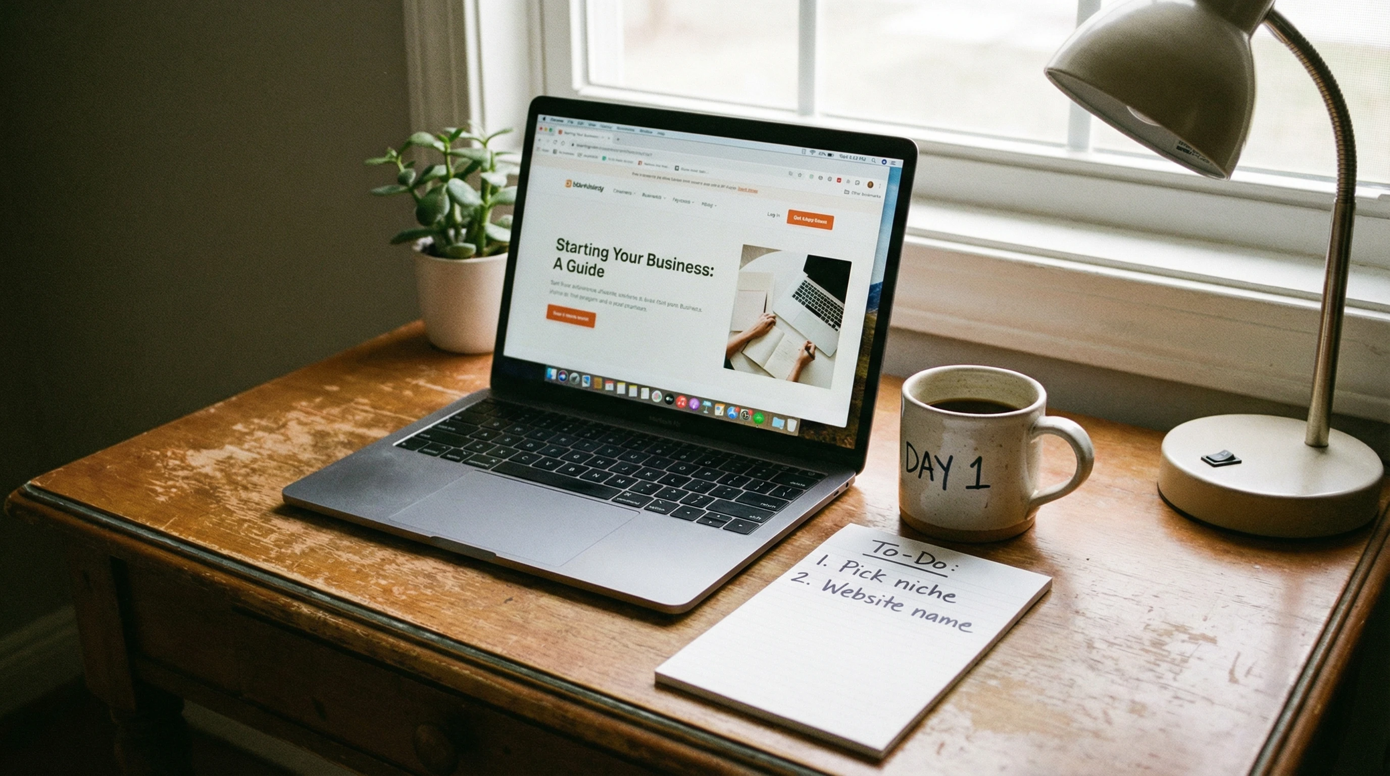 A simple home workspace setup with a laptop, coffee mug, and notepad, symbolizing a beginner starting their online business adventure.