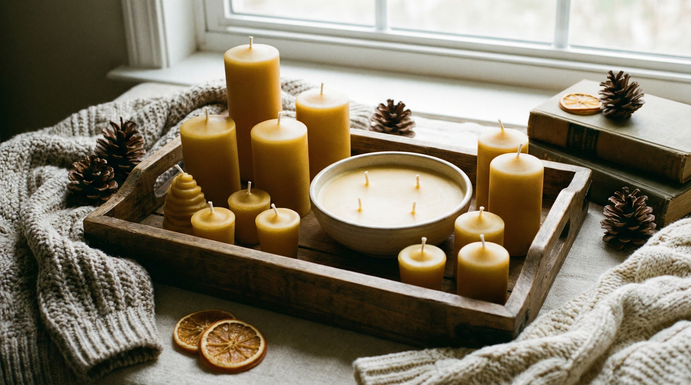 A glowing candle with trimmed wick on a wooden tray surrounded by cozy decor