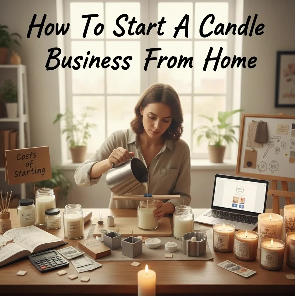 Woman making soy candles at home with candle-making supplies, jars, wax, wicks, and a laptop on a wooden table — a visual guide showing how to start a candle business from home, including startup costs and equipment needed.