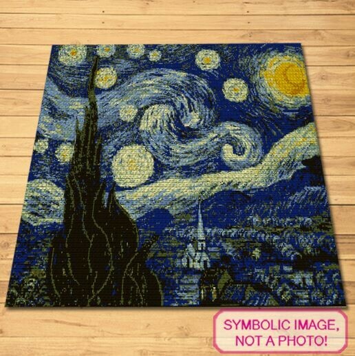 Crochet Van Gogh - The Starry Night - is a Graphghan Pattern with Written Instructions for Crochet Afghan, PDF Digital Files. Click here to learn more! Who wouldn't want to have the famous Starry Night by Vincent Van Gogh in his home? Now you can create one from this Tapestry Crochet Blanket Pattern.