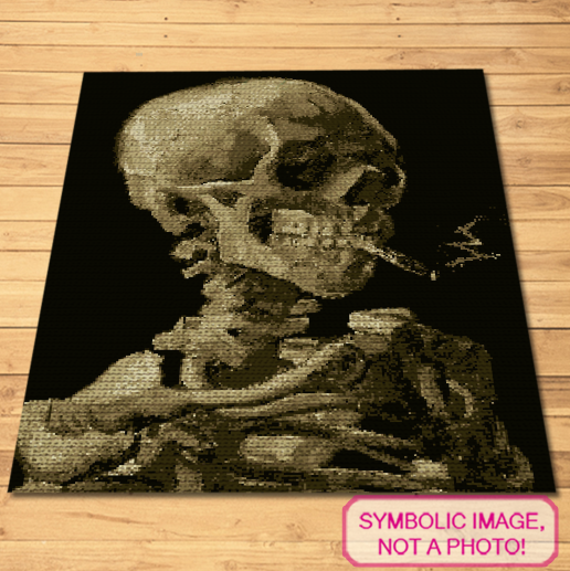 Crochet Van Gogh - Skeleton with a Cigarette - is a Graphghan Pattern with Written Instructions for Crochet Afghan, PDF Digital Files. Click here to learn more! Who wouldn't want to have the famous Skeleton by Vincent Van Gogh in his home? Now you can create one from this Tapestry Crochet Blanket Pattern.