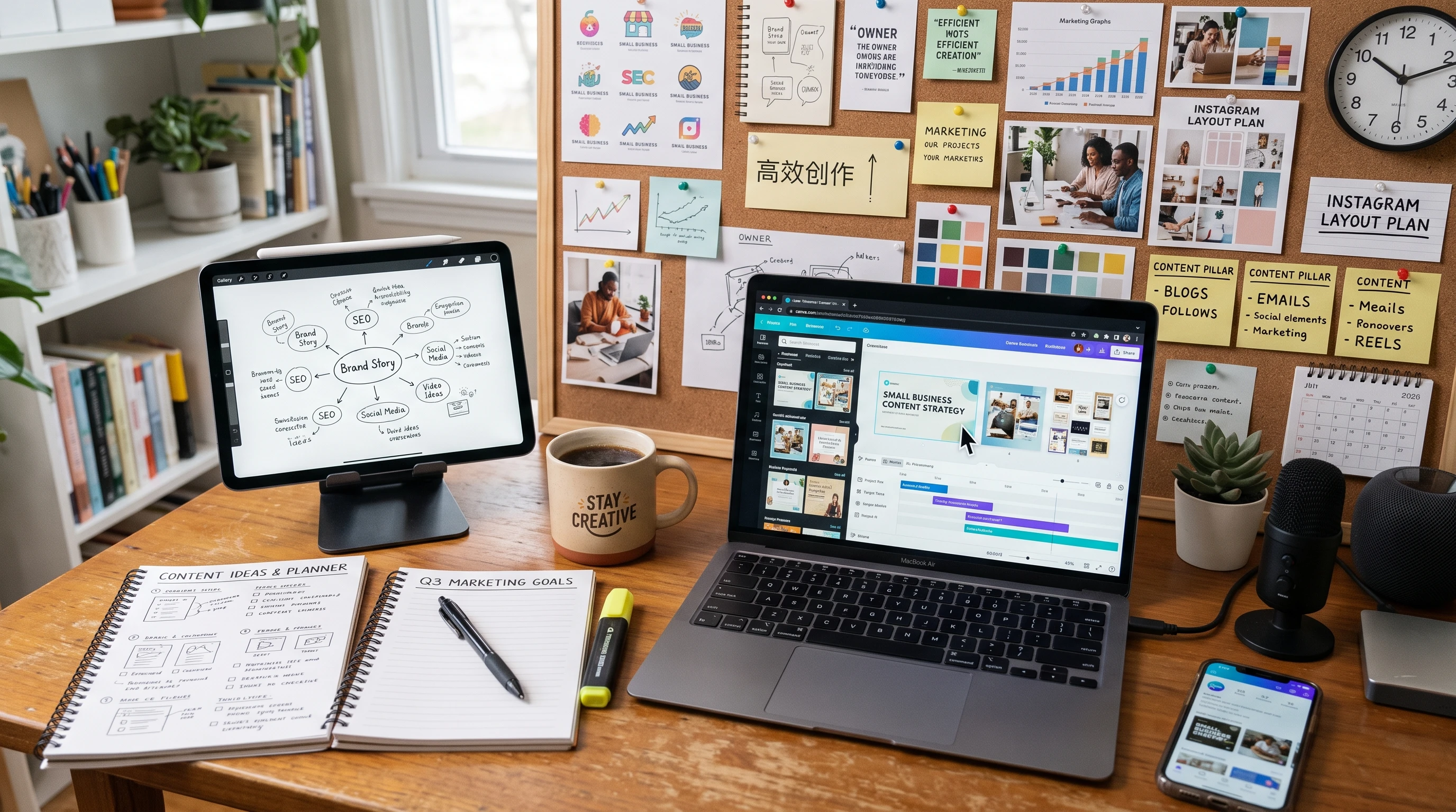 A workspace with a laptop, notebooks, digital writing tools, coffee, and inspiration boards - all suggesting efficient content creation for small businesses.
