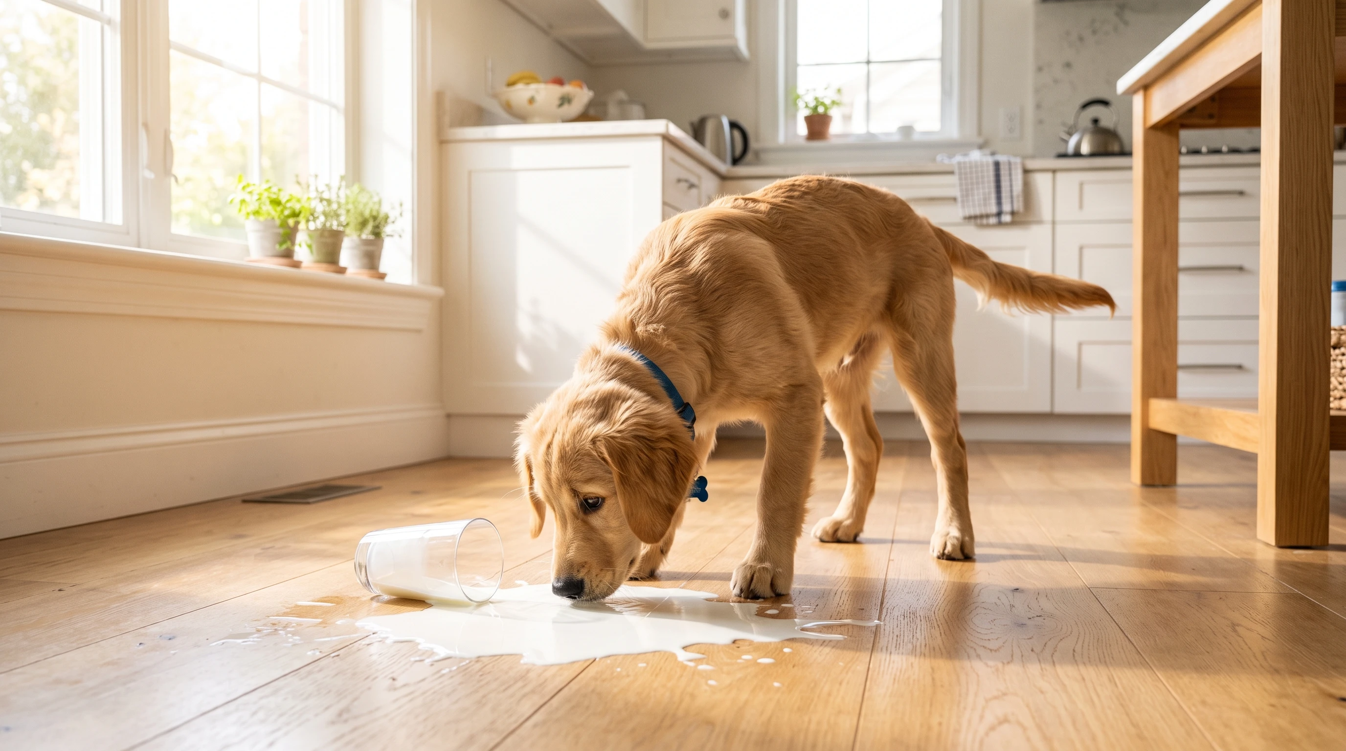 dog sniffing spilled milk on kitchen floor