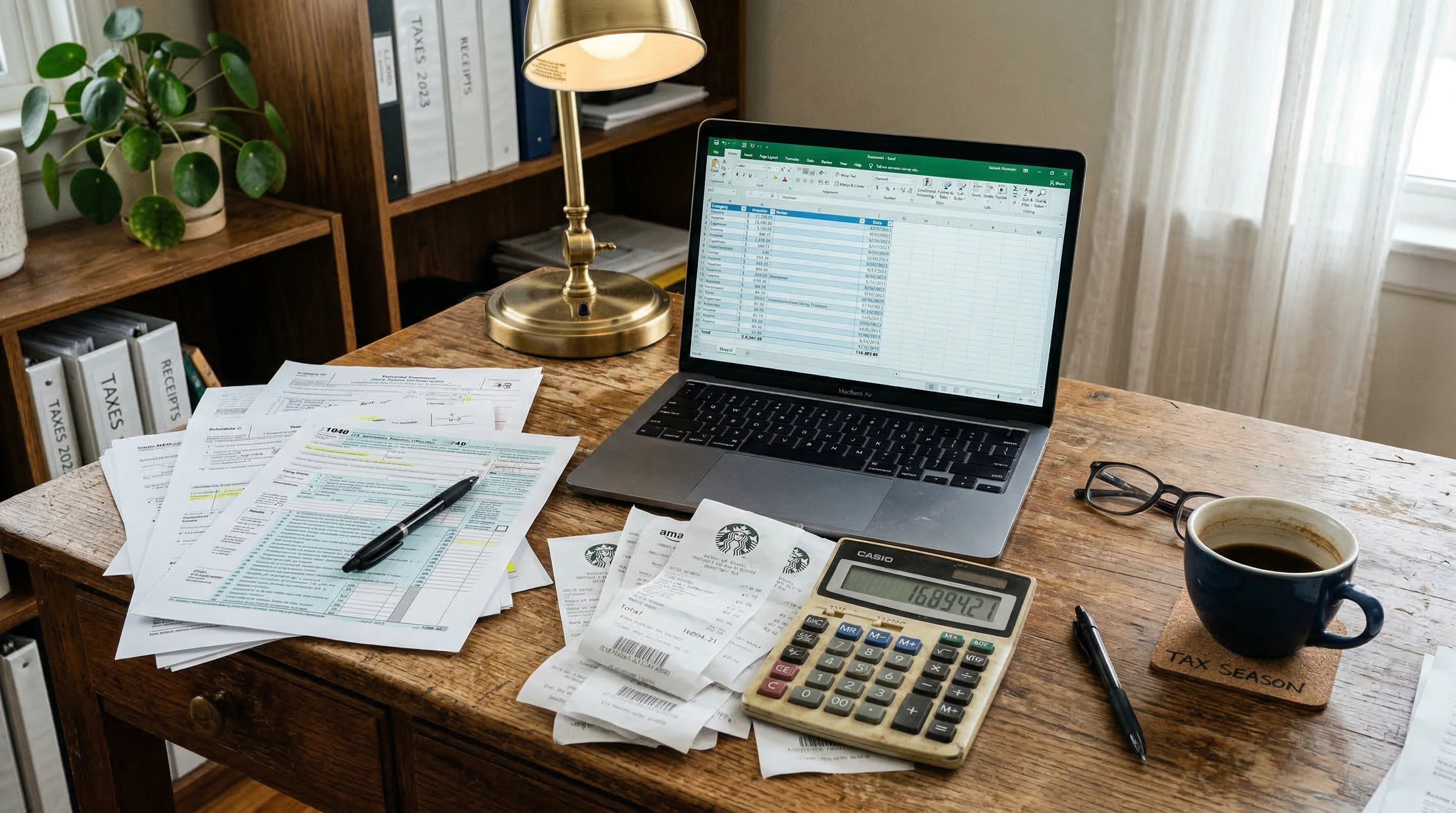A wooden desk scattered with tax forms, receipts, a calculator, and a coffee cup, with an open laptop displaying a financial spreadsheet.
