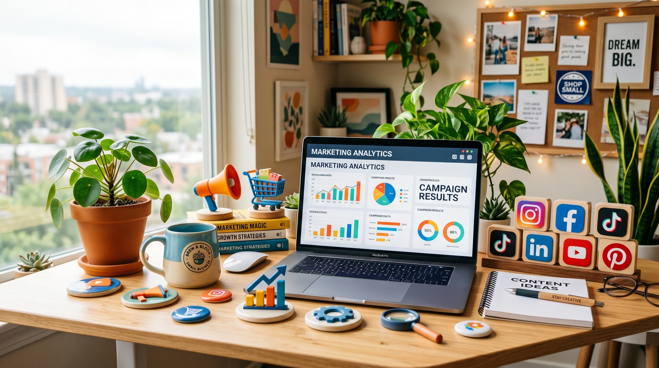 Colorful illustration showing a variety of digital marketing tools (like social media icons, email, analytics charts, and a laptop) spread out on a modern workspace with a cozy, small business feel.