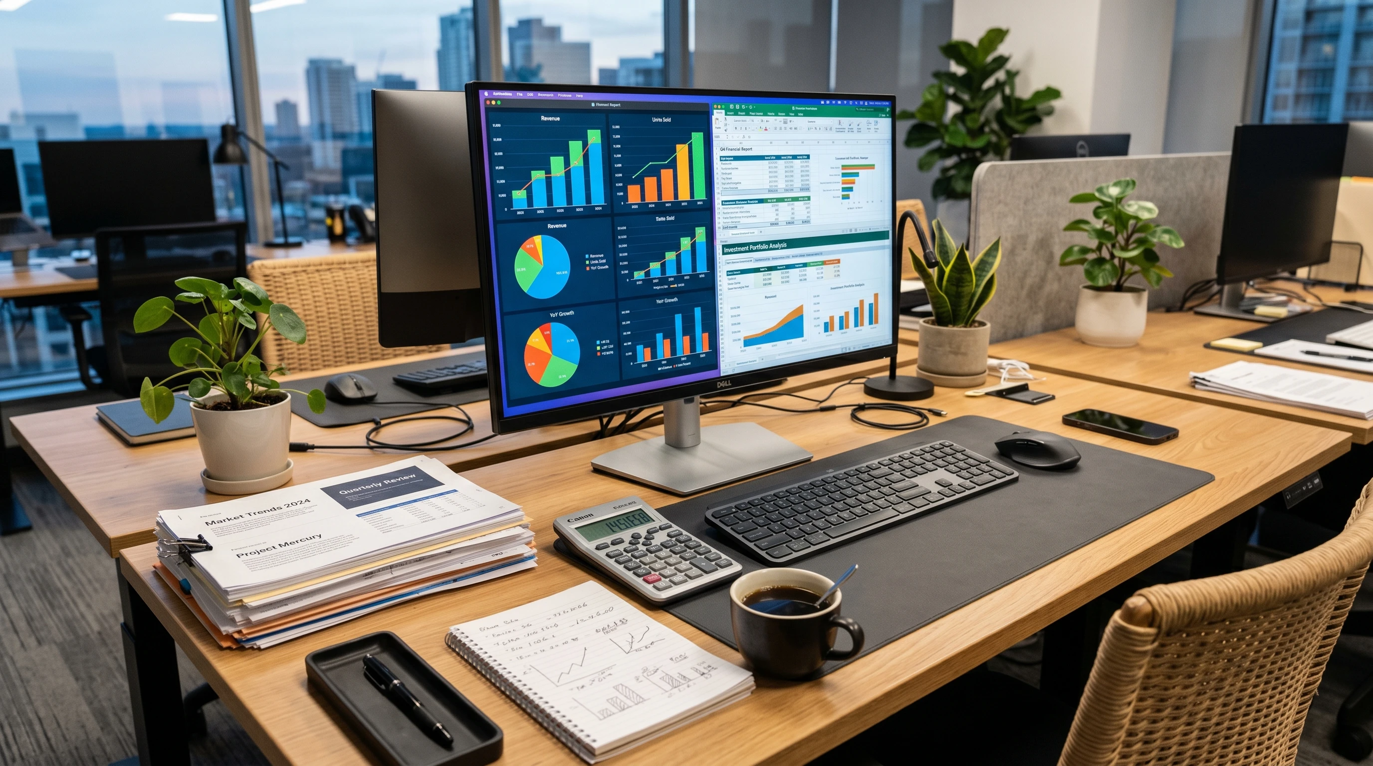 A detailed spreadsheet and business documents showing financial projections, graphs, and funding options on a modern office desk