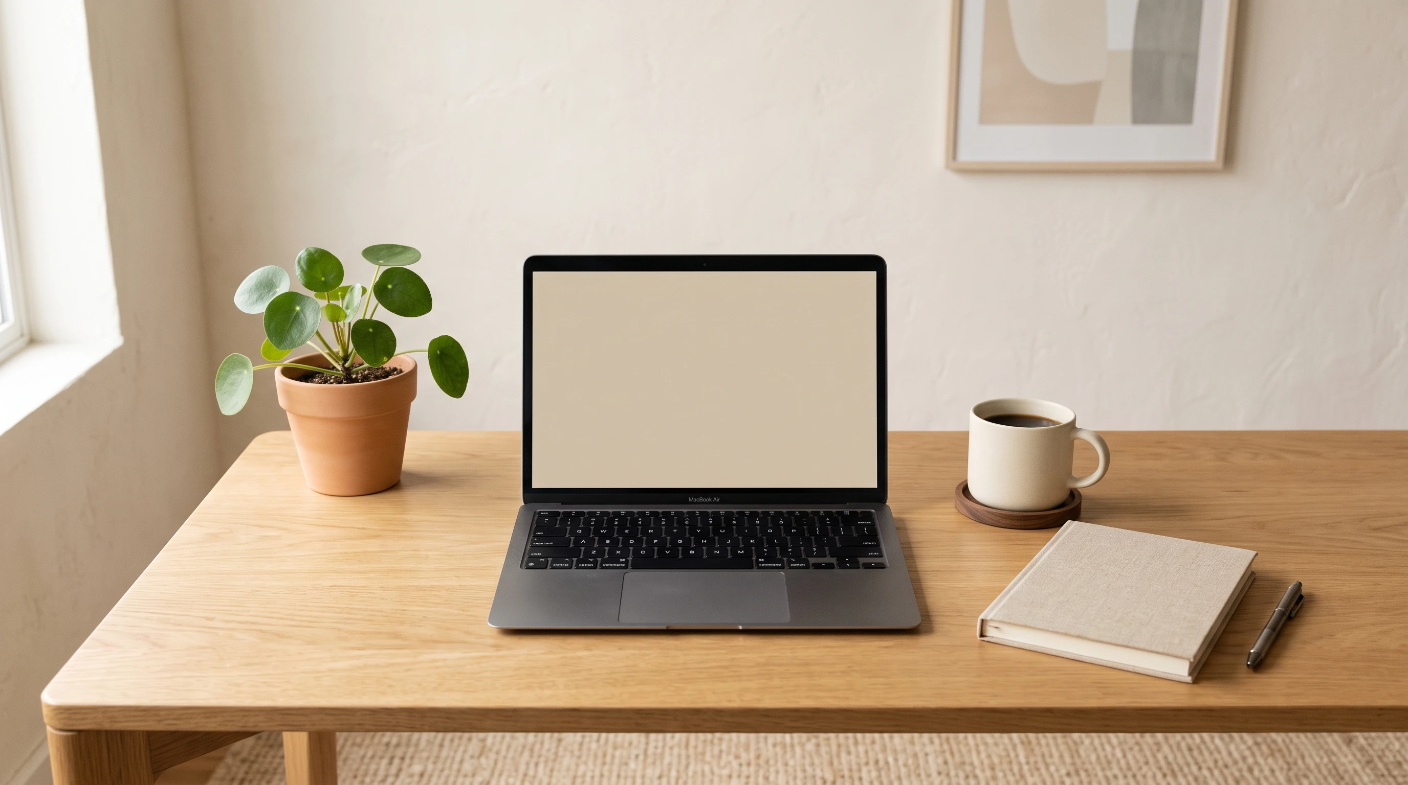 Solo entrepreneur workspace with notepad, coffee, and laptop on a minimalist desk