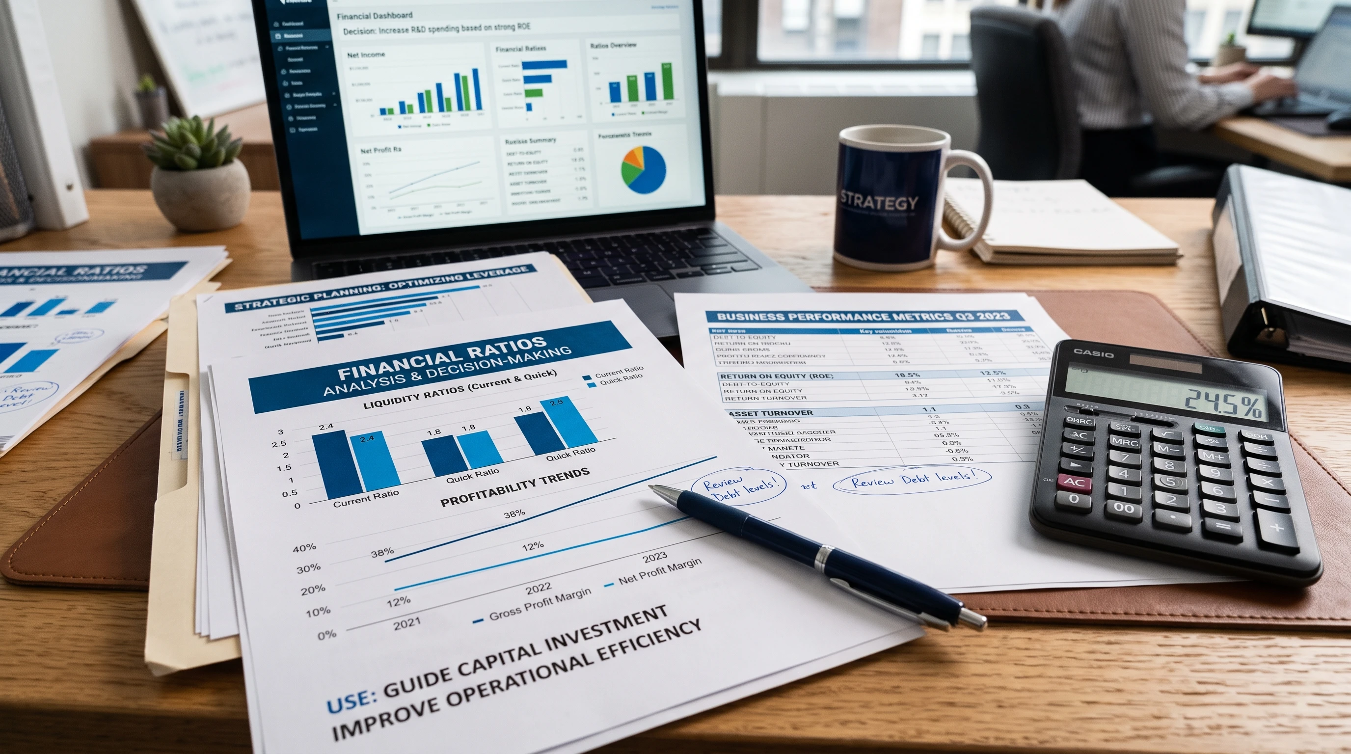 An assortment of business charts and spreadsheets with financial figures and graphs, all organized on a tidy desk with a calculator and pen. This image visually represents the use of financial ratios for business decisions.