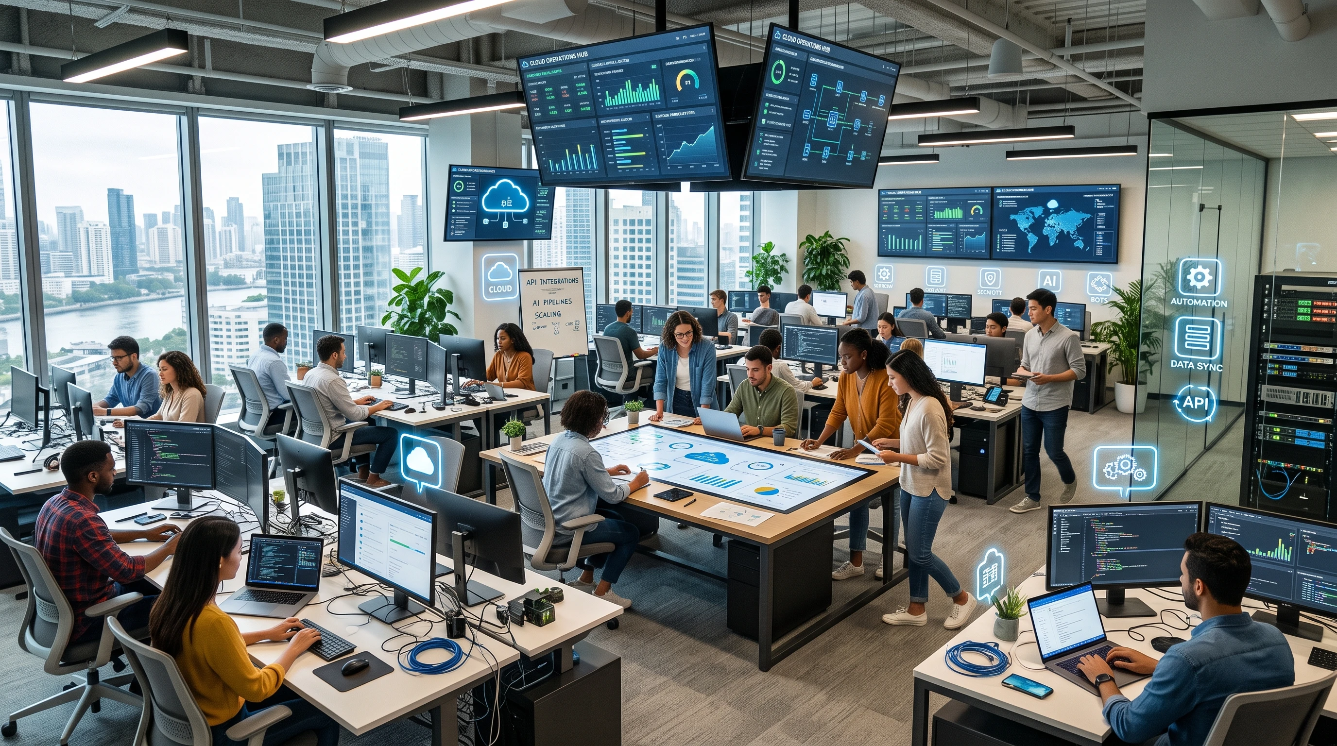 A modern office environment with digital dashboards, automation screens, and various cloud-based technology tools