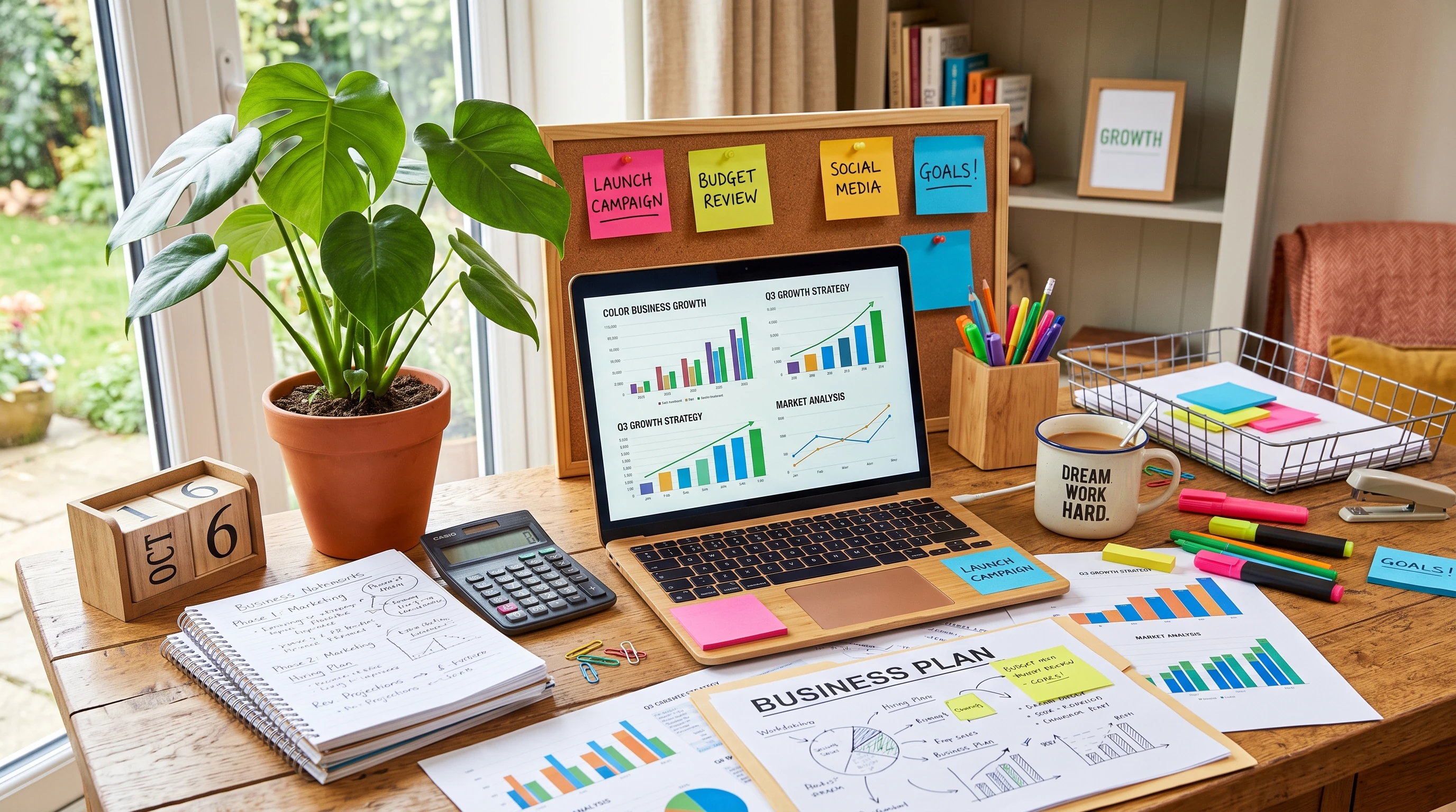 Brightly lit home office with business charts, a growing potted plant, and creative tools scattered on a wooden desk. Paperwork and a calculator signal small business planning for growth. Sticky notes and coffee cup show a hardworking, determined vibe.