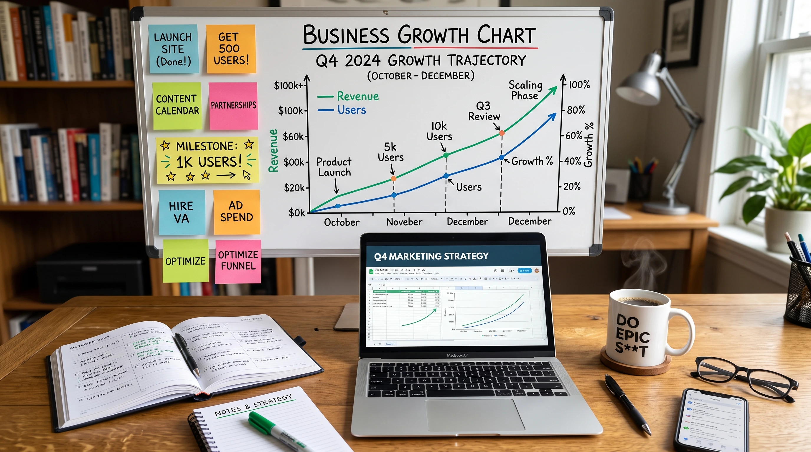 A desk with a business growth chart, notes, planner, laptop, and coffee mug. Charts and graphs are visible, showing a gradual upward trend. There are sticky notes with small goals and milestones drawn on them.