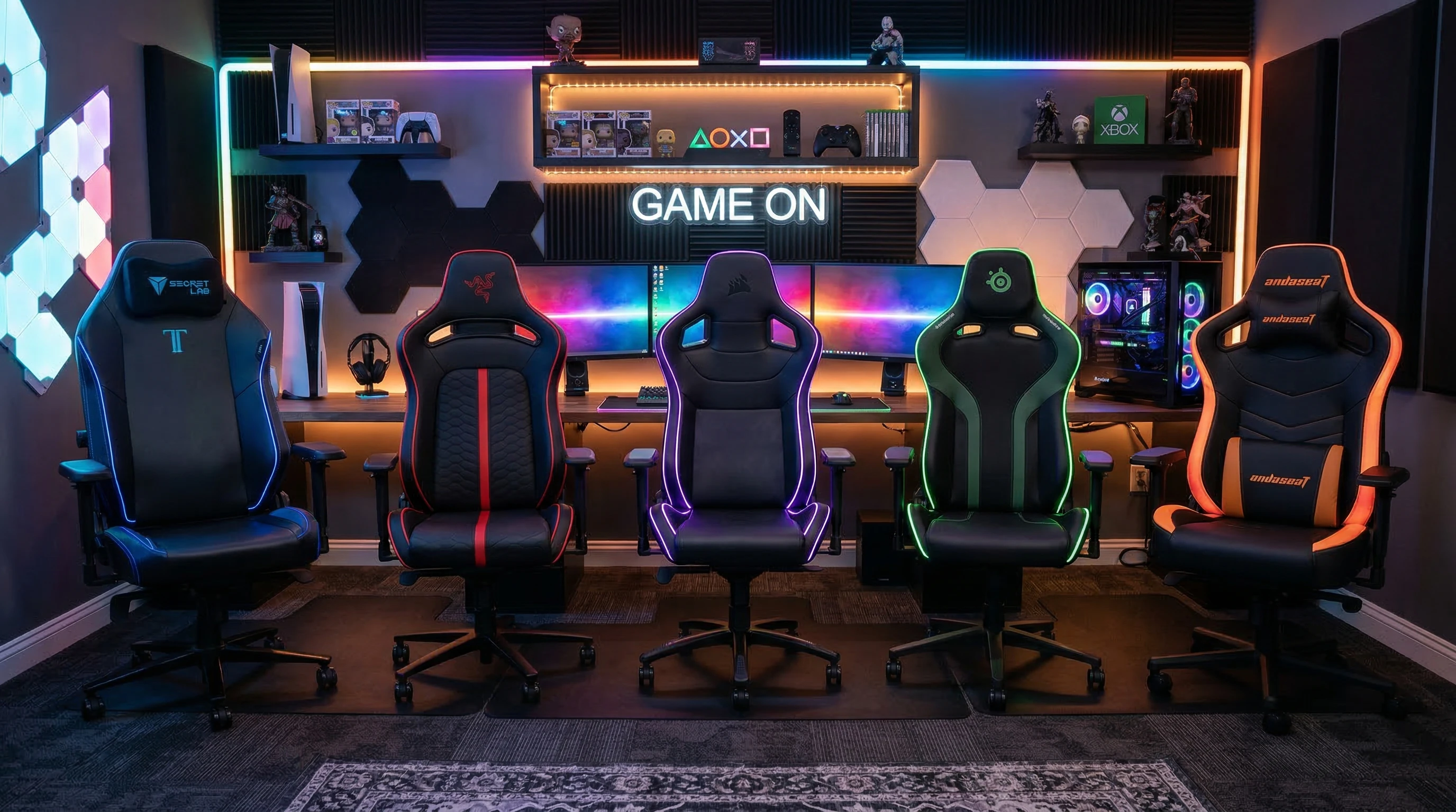 A lineup of colorful gaming chairs with LED accents and ergonomic design