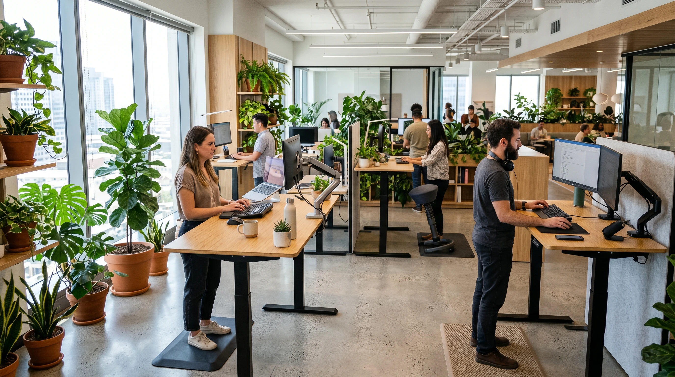 Modern standing desk in a bright office with ergonomic setup and plants