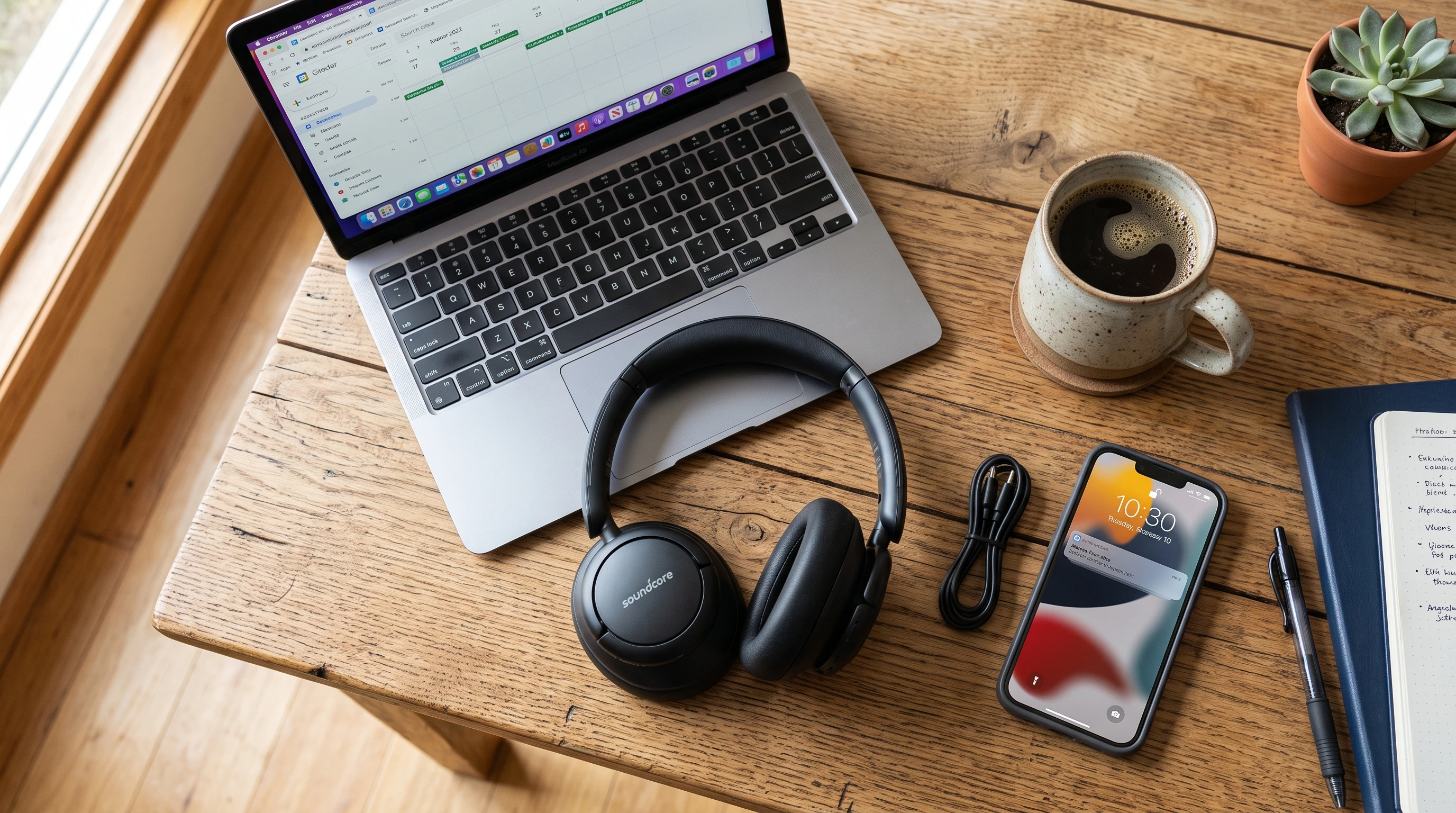 Anker Soundcore Life Q30 headphones on a wooden table