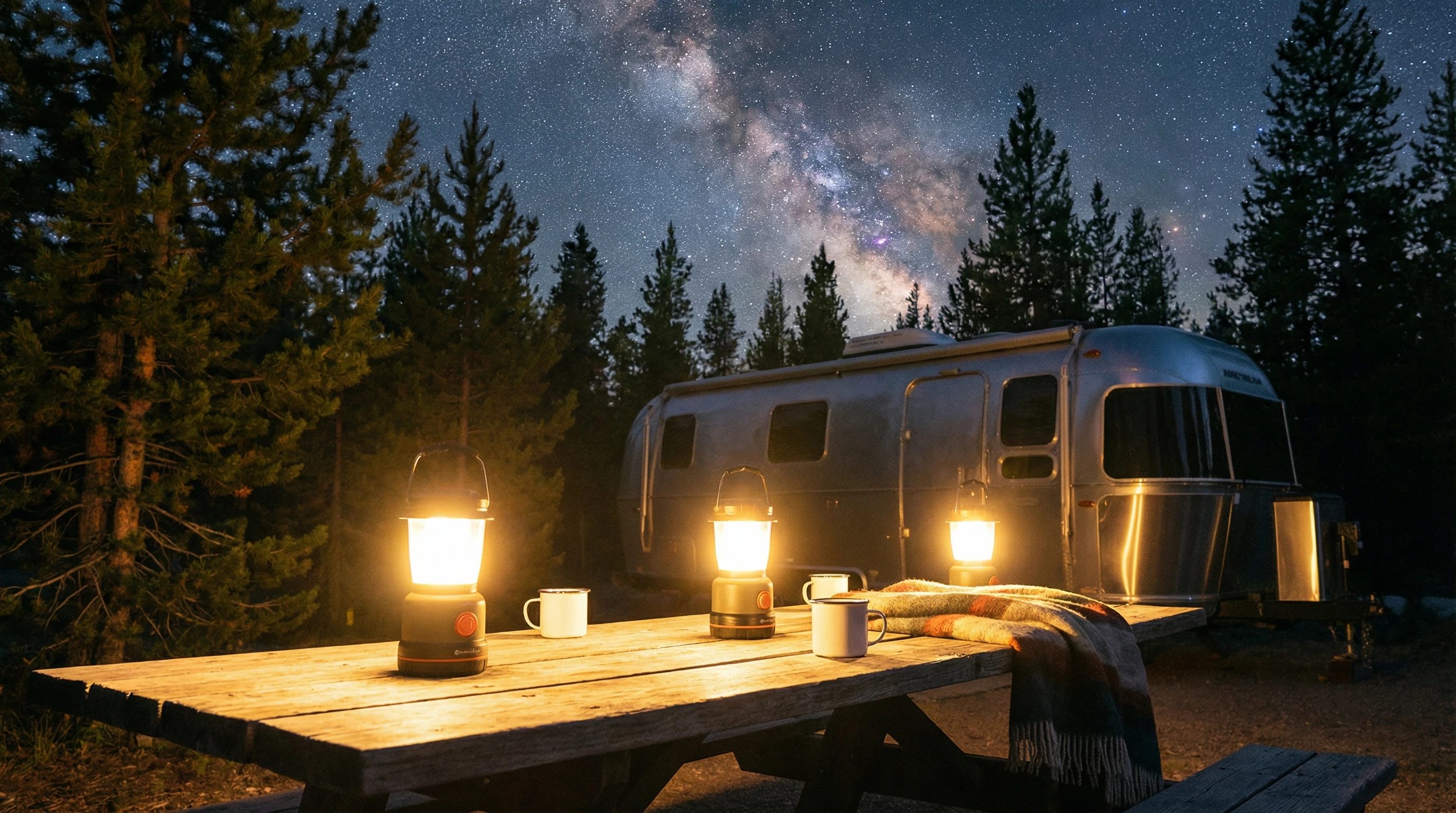 Camping lanterns on a picnic table beside a travel trailer under a night sky