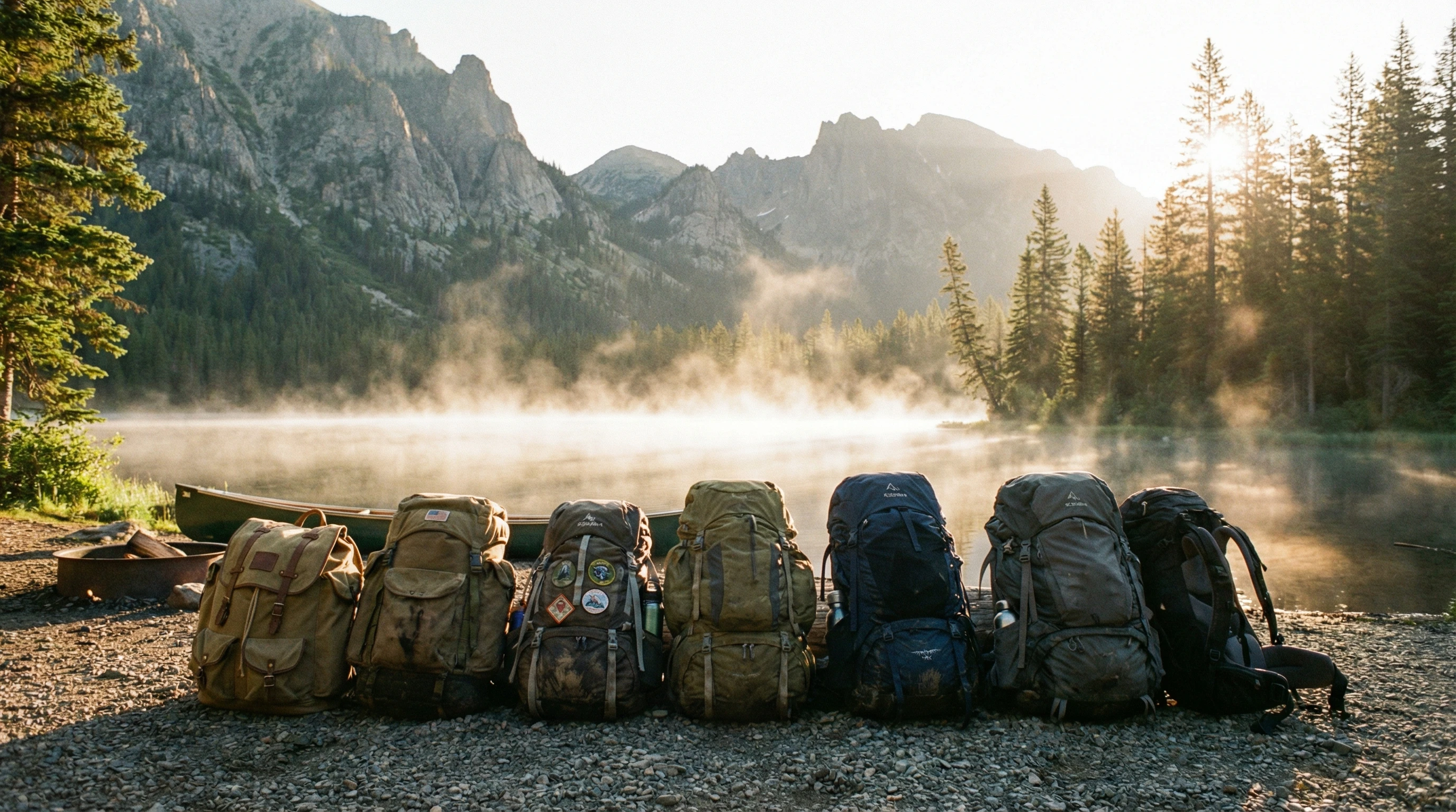 Assorted camping backpacks lined up on a lakeshore with pine trees and mountains in the background; morning sunlight and mist rising from the water.