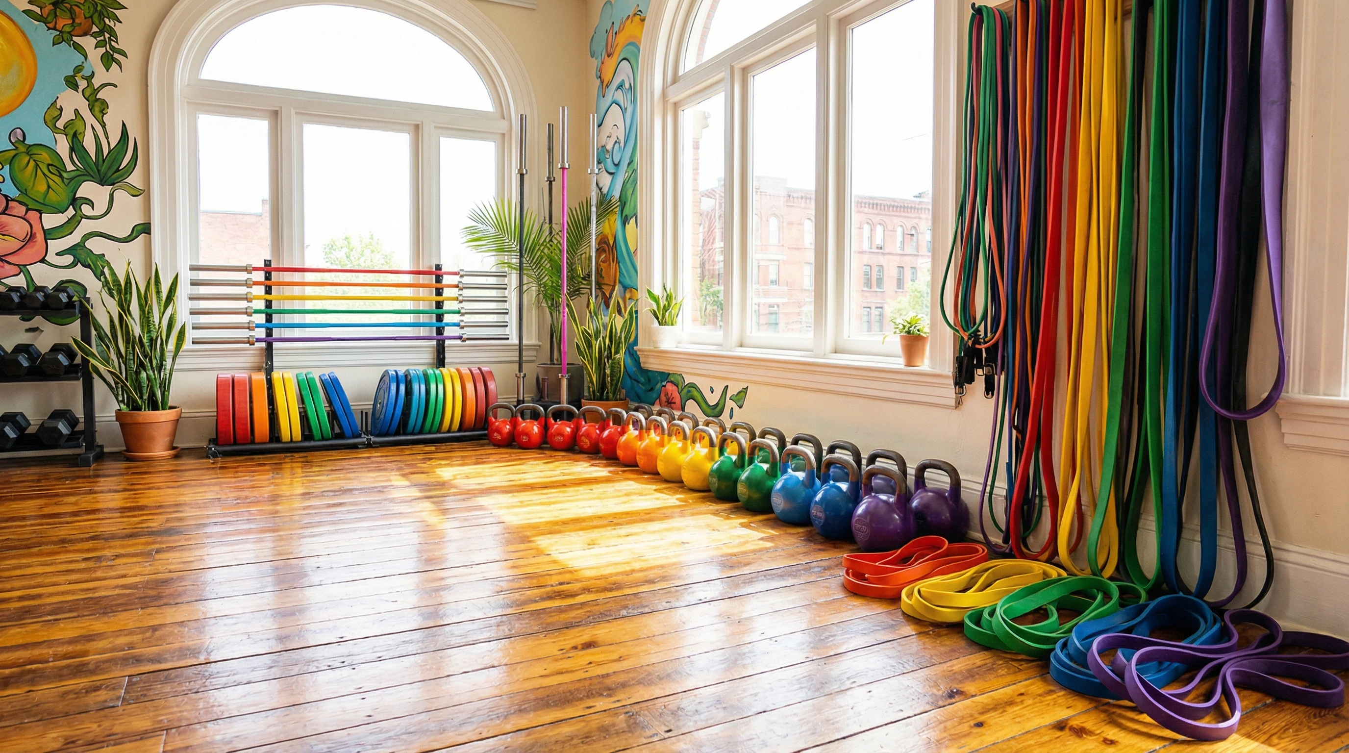 A bright, colorful gym with kettlebells, barbells, and resistance bands arranged neatly on the floor. Natural light pours in through the windows onto polished wood planks, giving the space a cheerful and energetic feel.