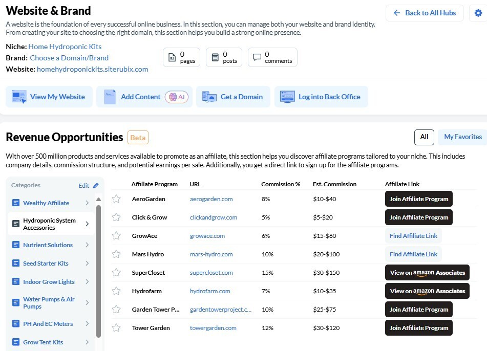 Wealthy Affiliate's Business Hubs Revenue Opportunities Tool