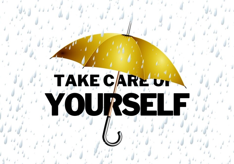 Graphic showing umbrella covering the words take care of yourself from the rain