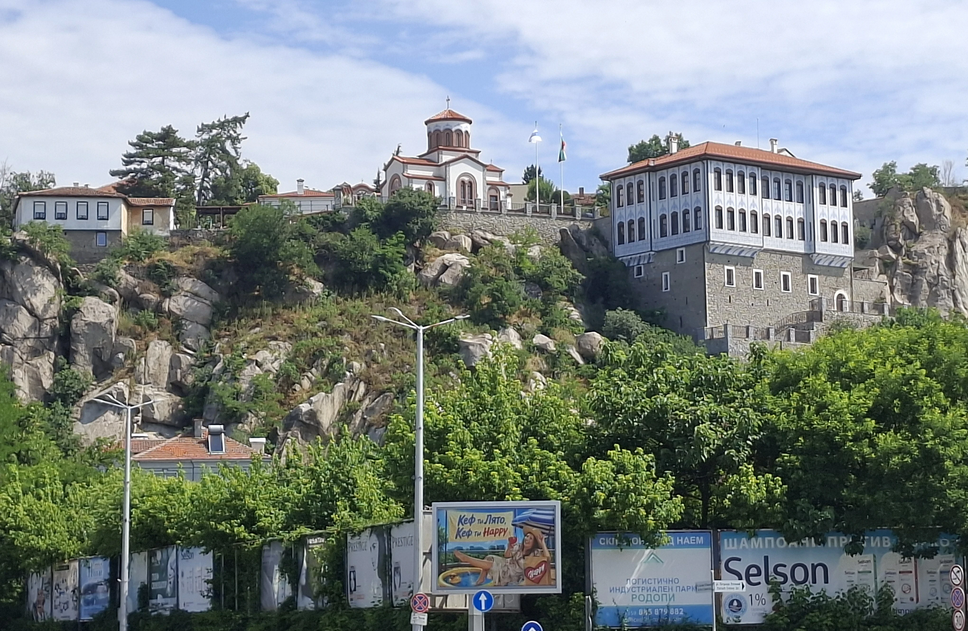 View up towards Plovdiv old town and its churches