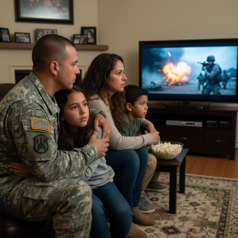 Military family watching war movie