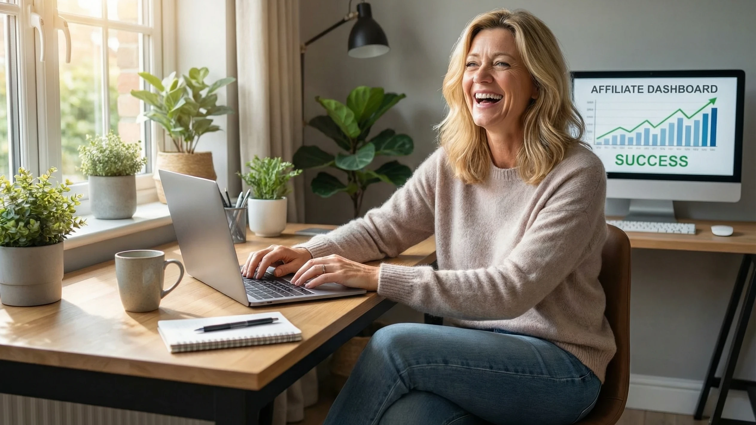 A happy woman working at home on her affiliate marketing business