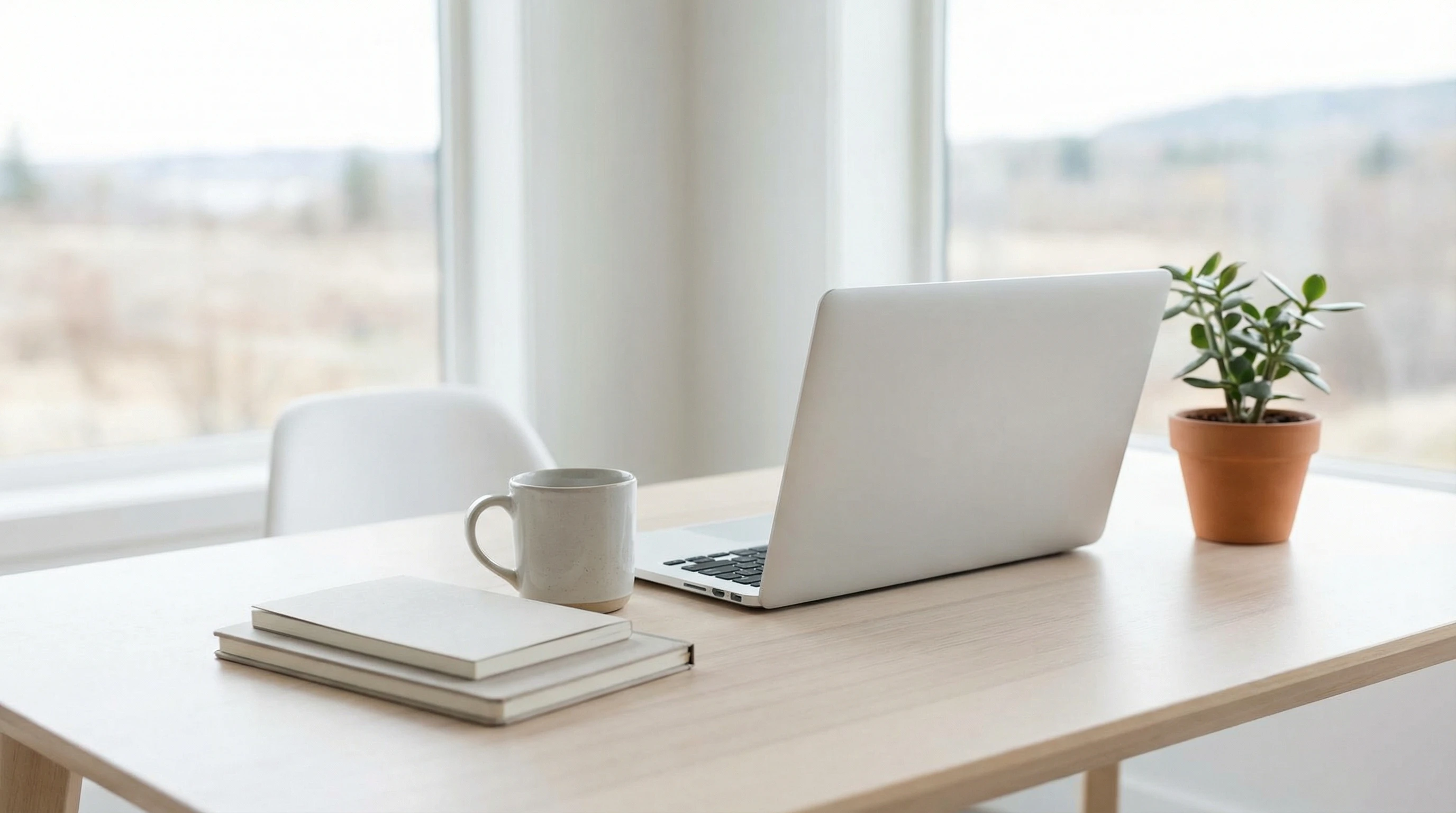 A laptop, coffee and notepad on a minimalist table, representing the online work-from-anywhere lifestyle