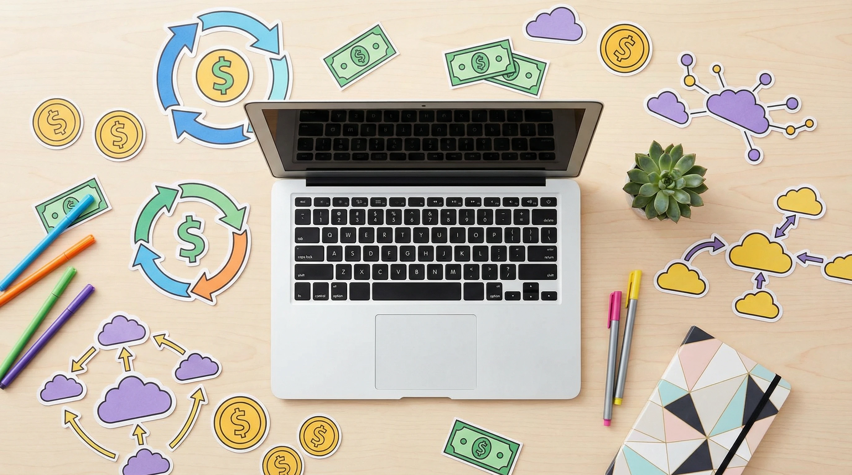 affiliate marketing concept with laptop, flow chart and money icons